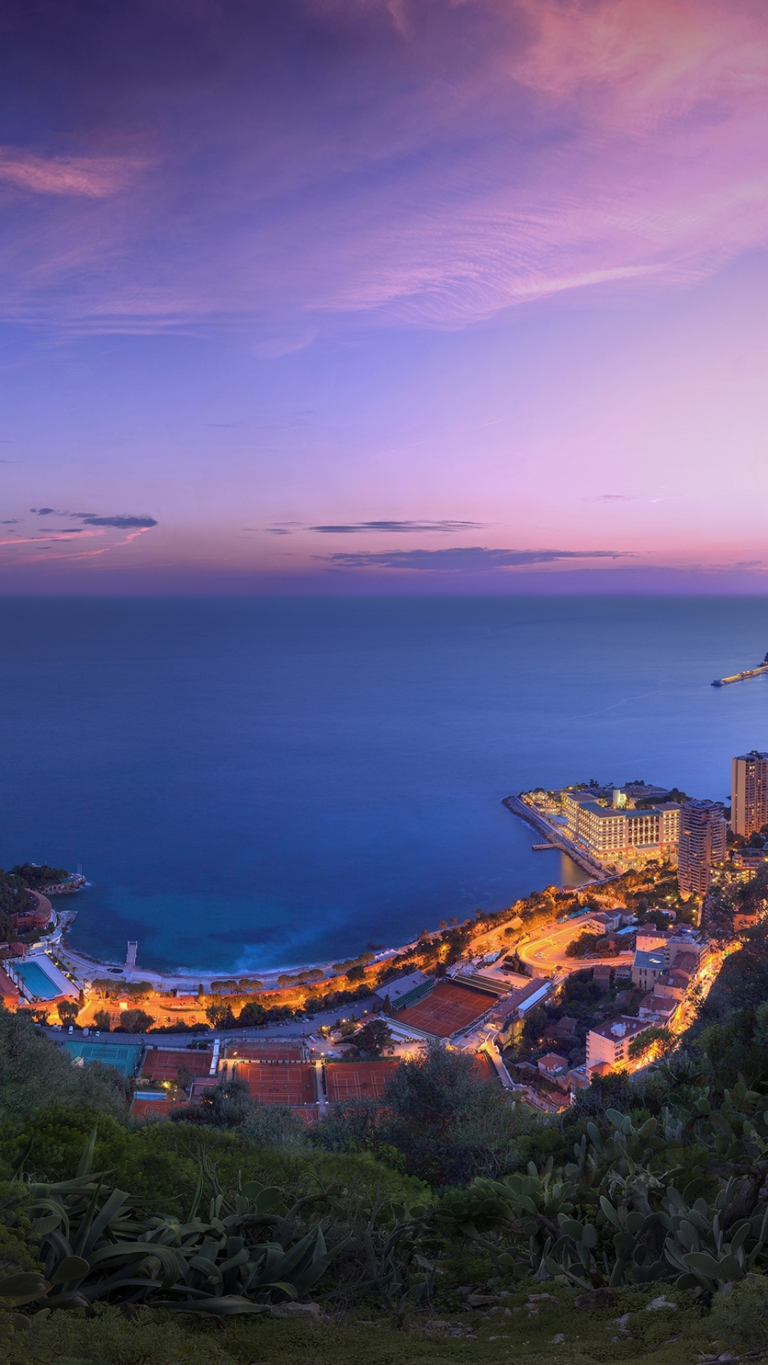 Download mobile wallpaper Cities, Sunset, Sky, Sea, City, Evening, Cloud, Coastline, Monaco, Man Made, Seascape, French Riviera for free.
