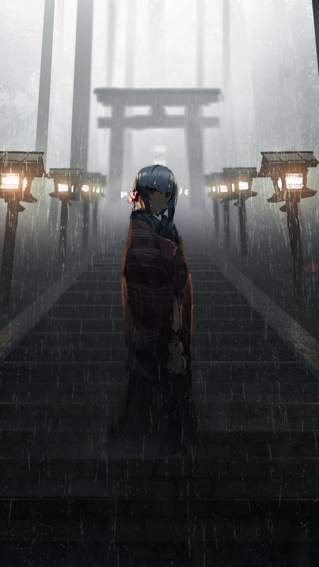 Download mobile wallpaper Anime, Rain, Fog, Girl, Torii for free.