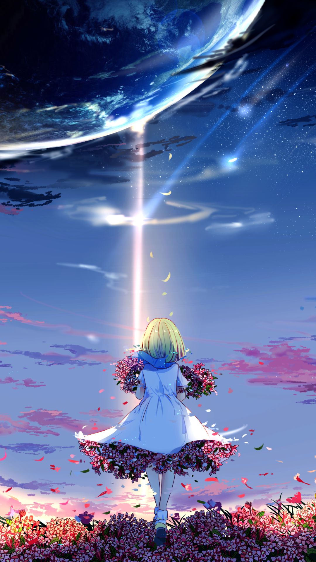 Download mobile wallpaper Anime, Sky, Flower, Planet, Dress, Original, Short Hair for free.