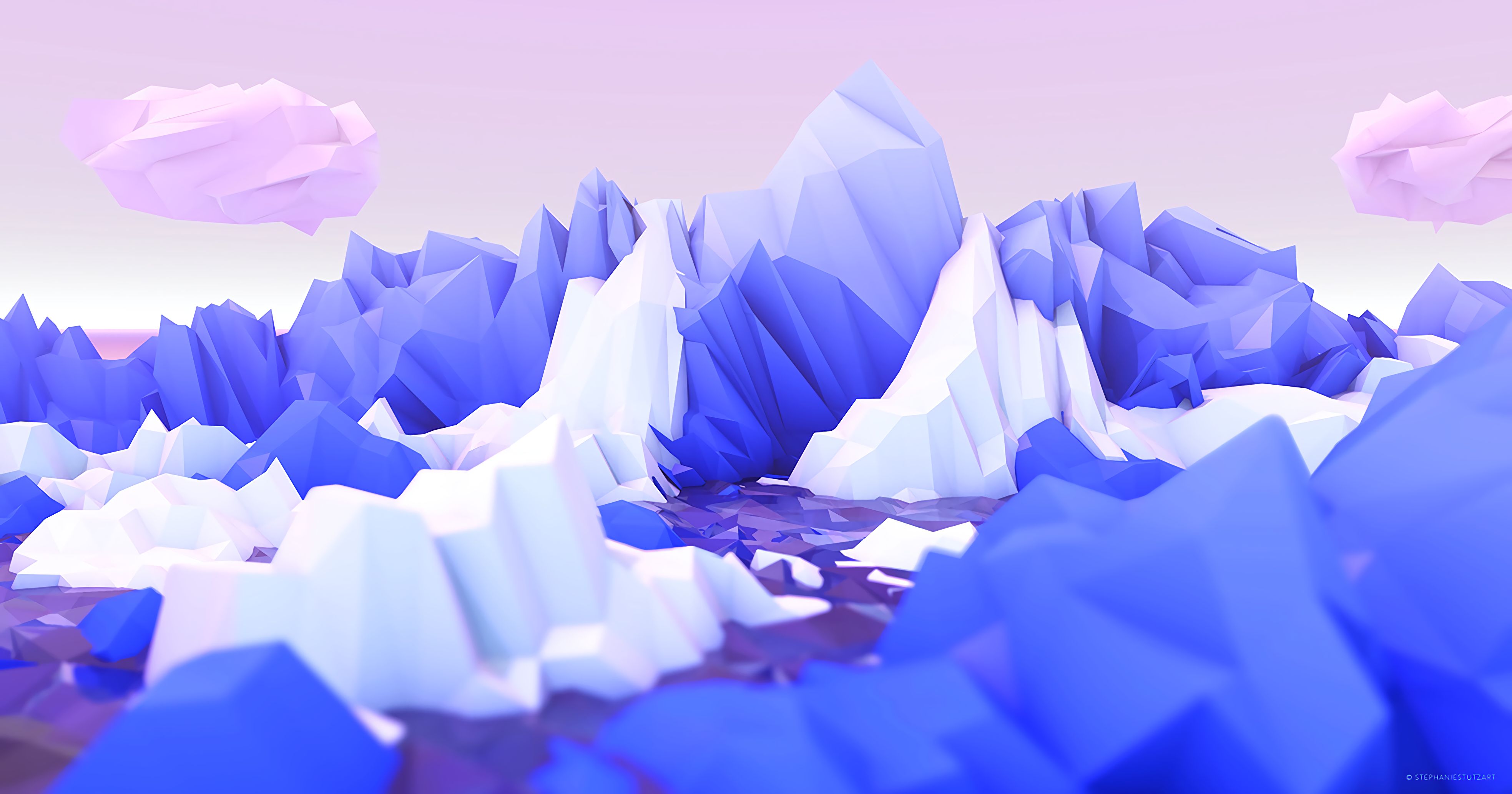 3d, polygon, art, white, mountains, lilac