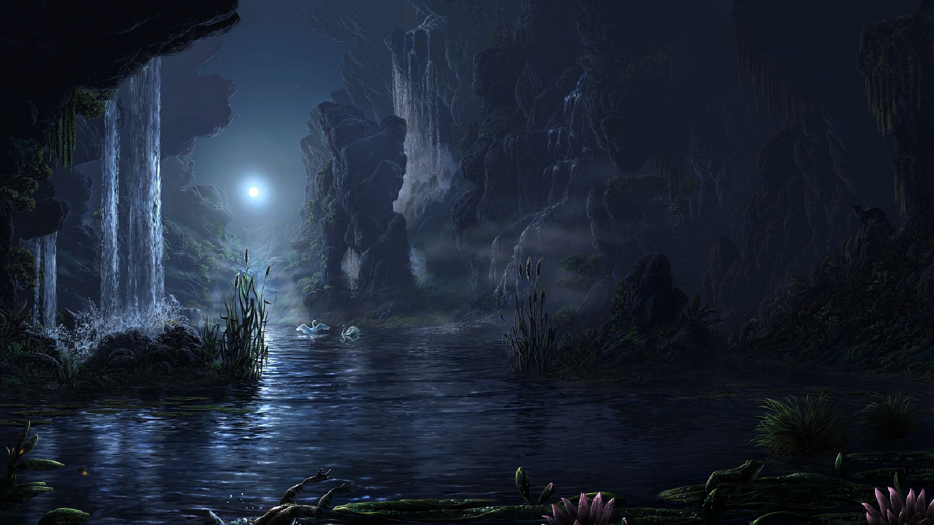 Free download wallpaper Landscape, Water, Fantasy, Night on your PC desktop