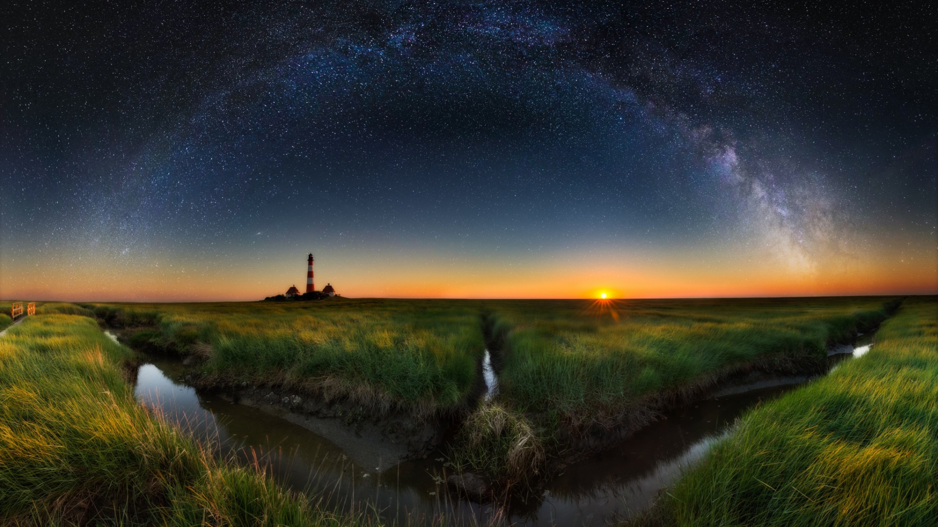 Download mobile wallpaper Nature, Grass, Stars, Horizon, Starry Sky, Sunrise, Milky Way, Lighthouse, Sci Fi for free.