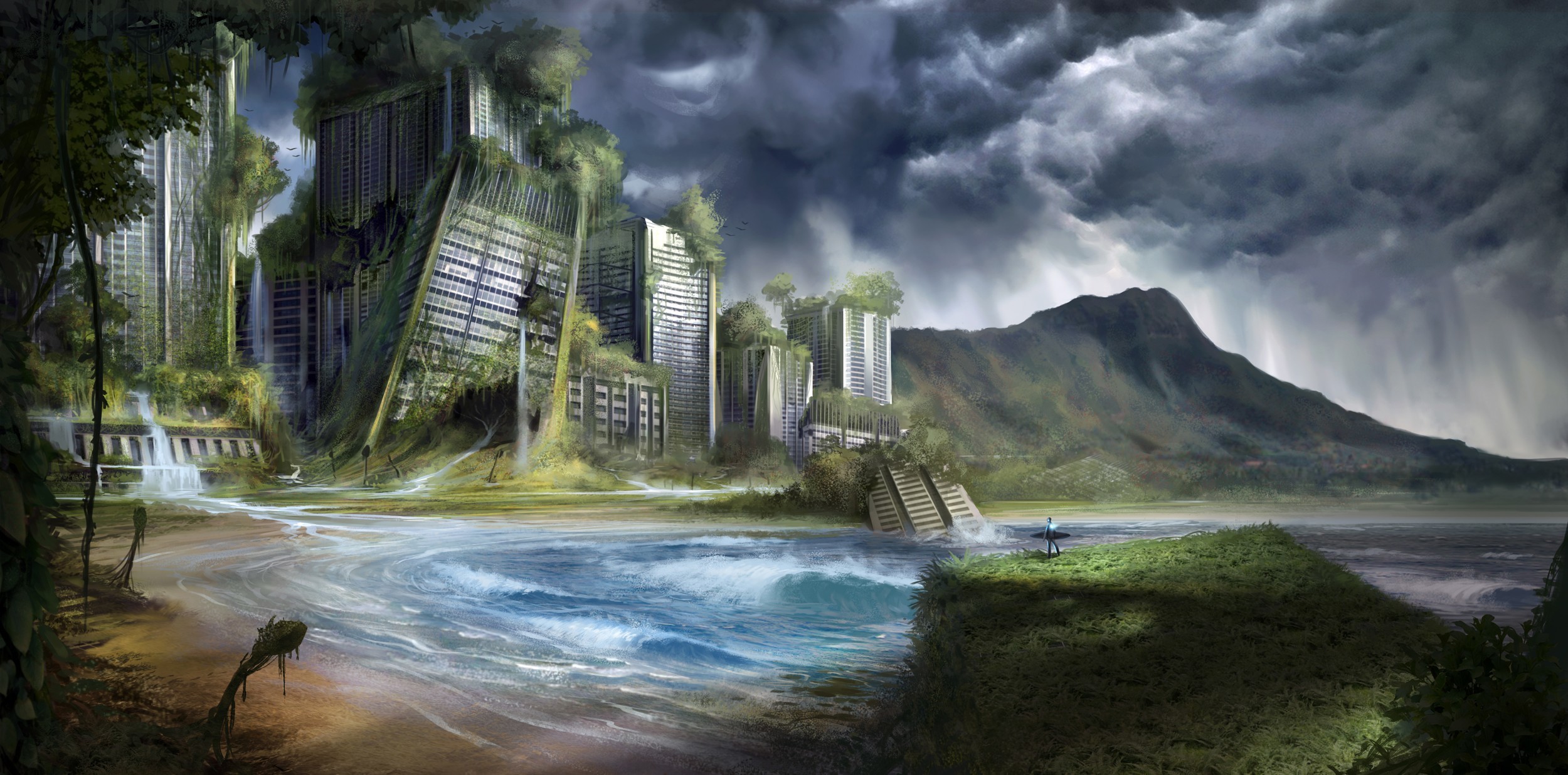 Download mobile wallpaper Landscape, Sea, City, Sci Fi, Ruin, Post Apocalyptic for free.