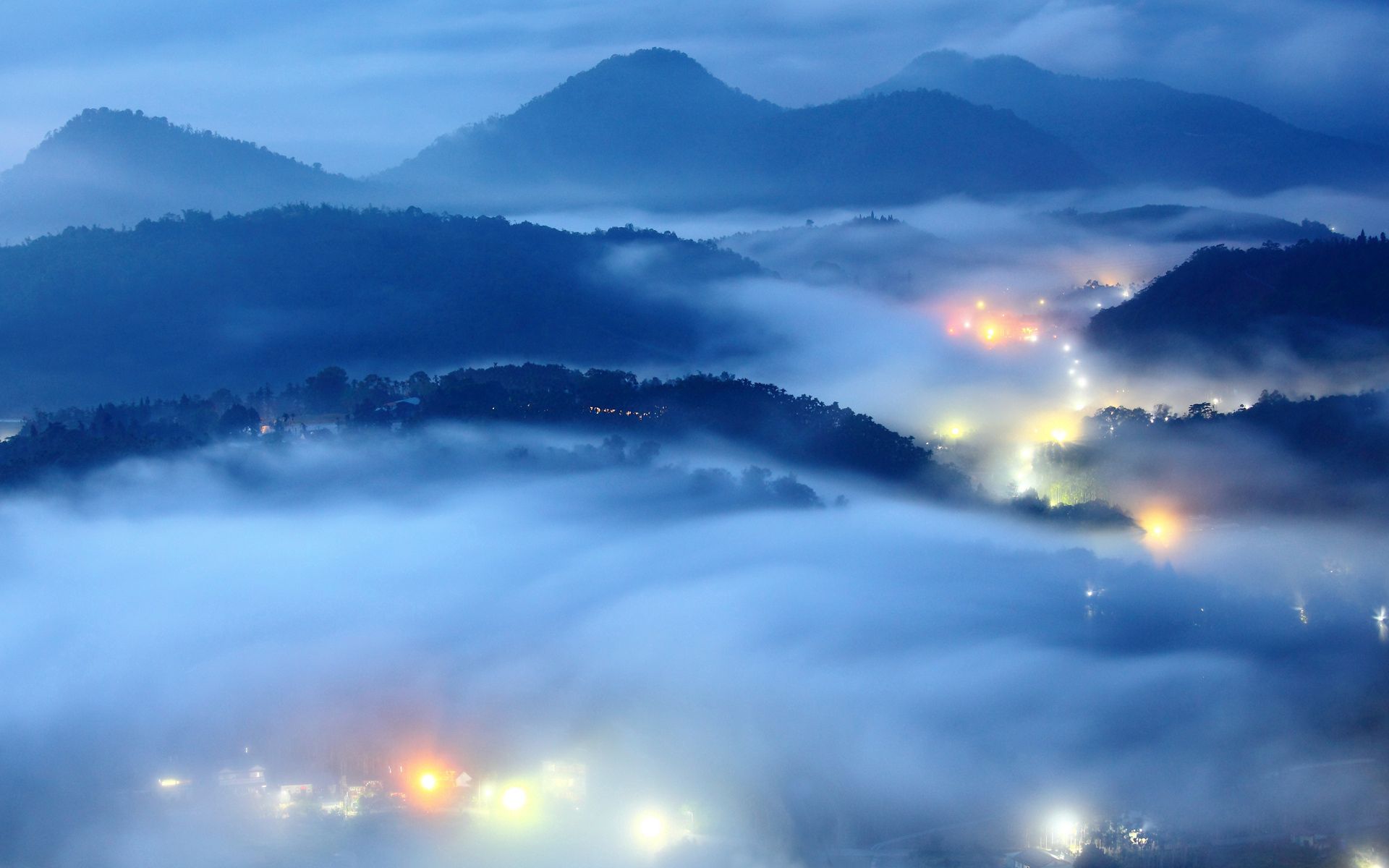 nature, mountains, night, city, lights, fog, relief, from above, above