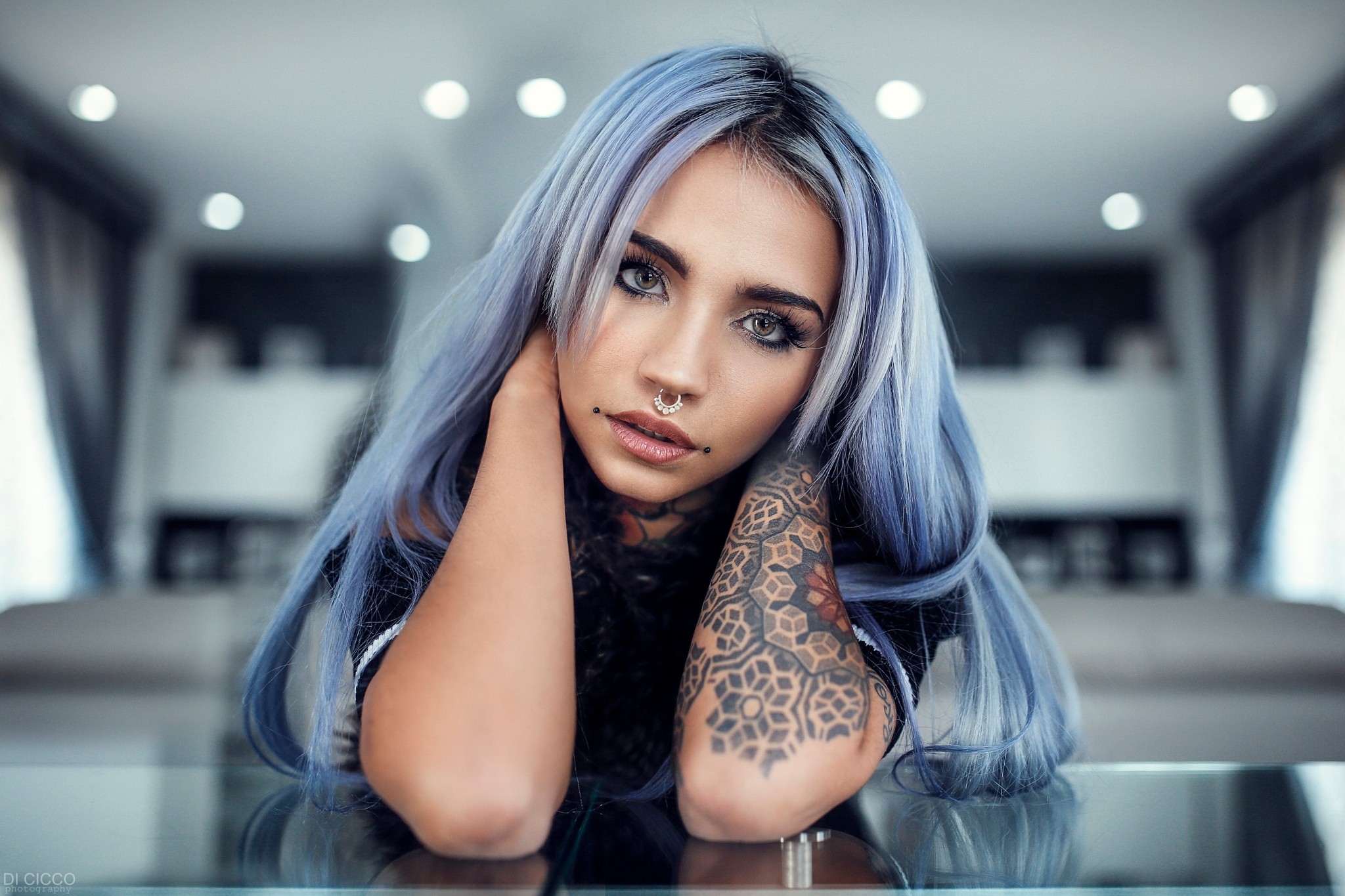 Download mobile wallpaper Tattoo, Model, Women, Blue Hair, Hazel Eyes for free.