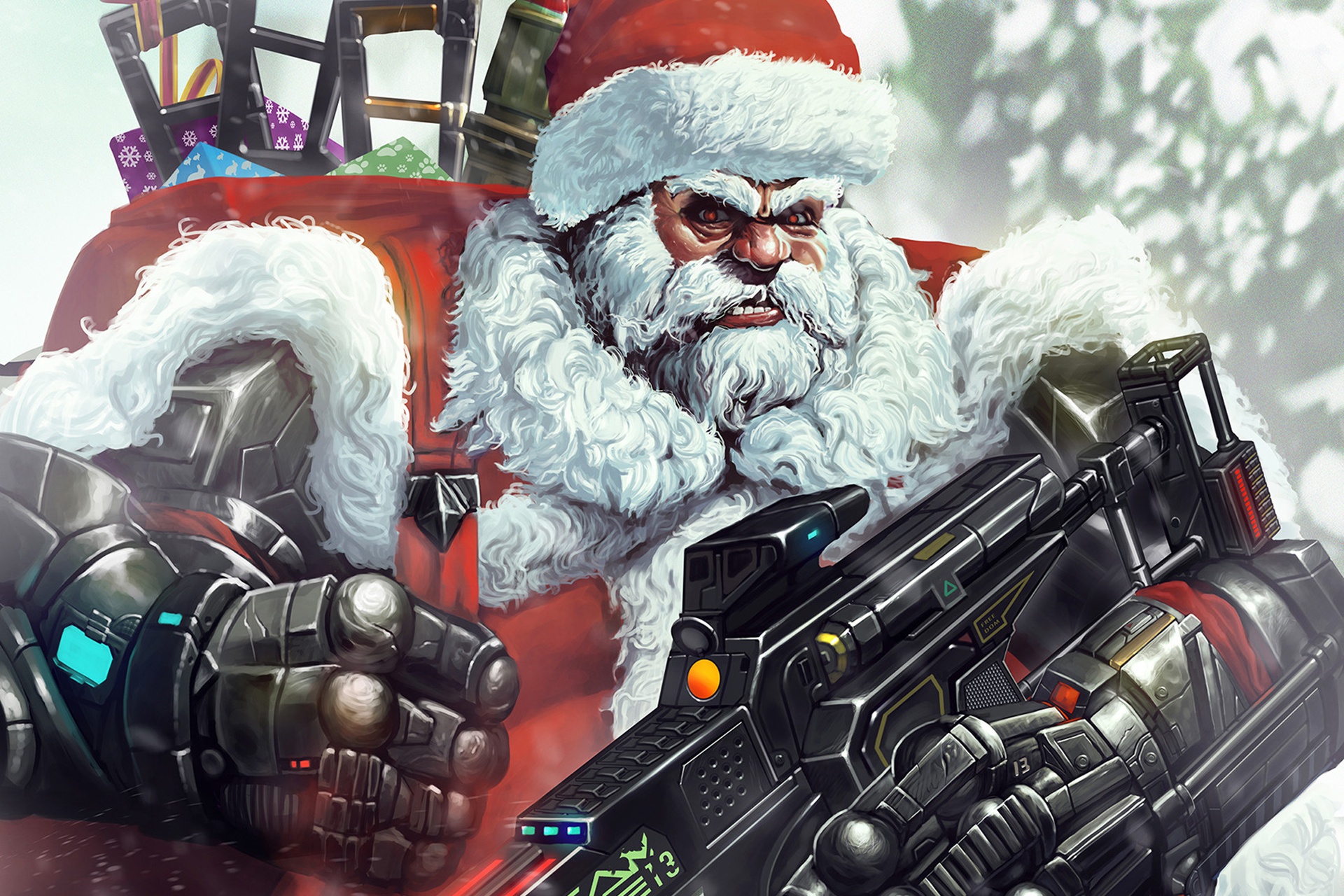 Téléchargez gratuitement l'image Père Noël, Noël, Arme, Vacances, Barbe, Cyborg sur le bureau de votre PC