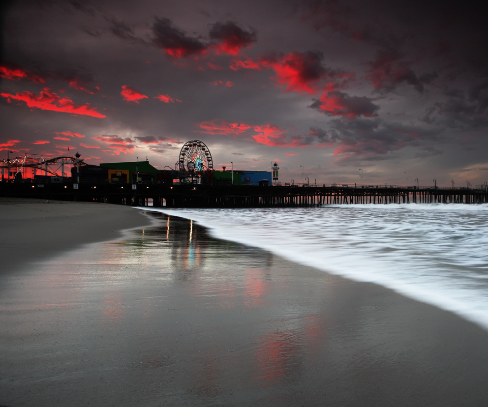 Download mobile wallpaper Sunset, Beach, Ferris Wheel, Photography, Scenic, Santa Monica Pier for free.