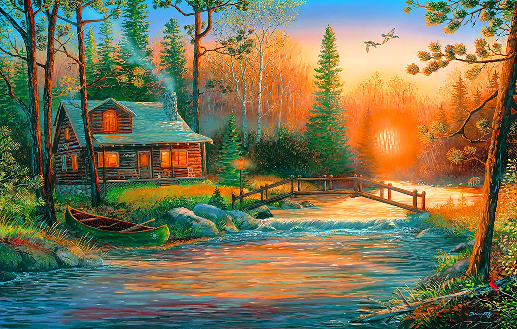 artistic, painting, bridge, canoe, house, river