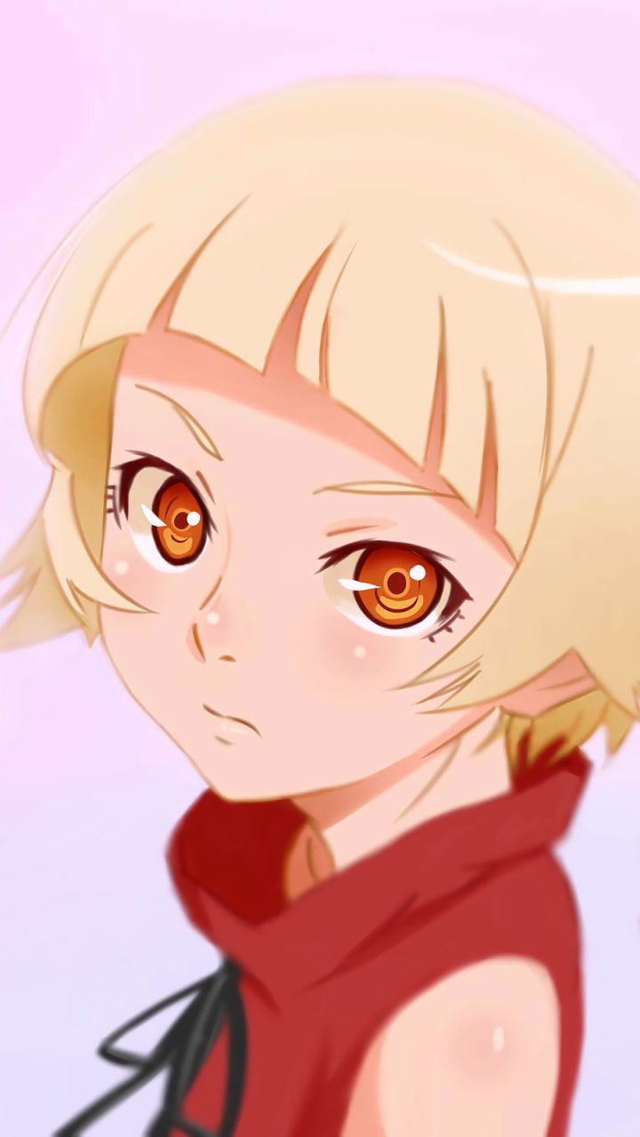 Handy-Wallpaper Blond, Gesicht, Blondinen, Animes, Kurzes Haar, Monogatari (Serie), Shinobu Oshino, Orangefarbene Augen kostenlos herunterladen.