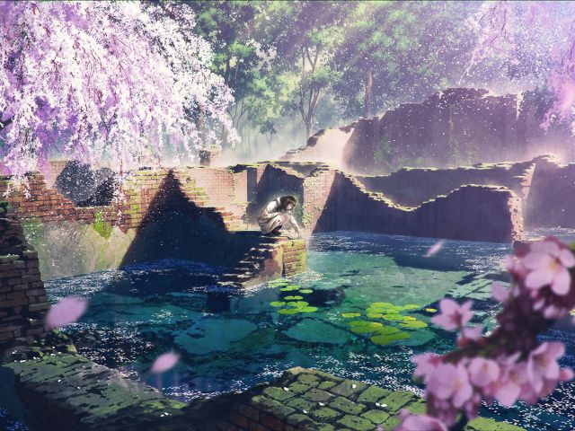PCデスクトップに池, 桜の花, 黒髪, 長い髪, アニメ, オリジナル, リリーパッド画像を無料でダウンロード