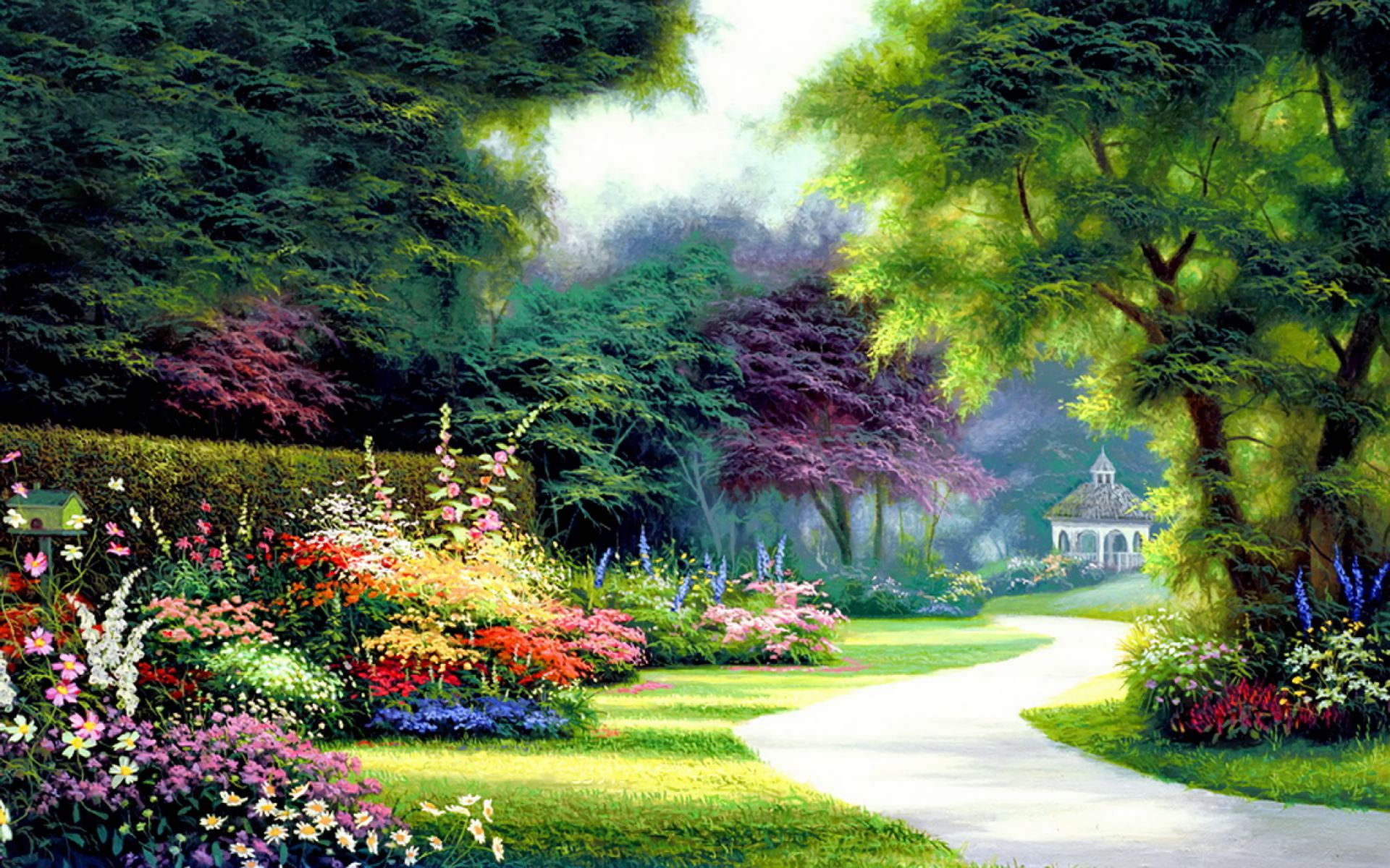 834261 скачать картинку весна, беседка, художественные, картина, красочный, цветок, дорога, дерево - обои и заставки бесплатно
