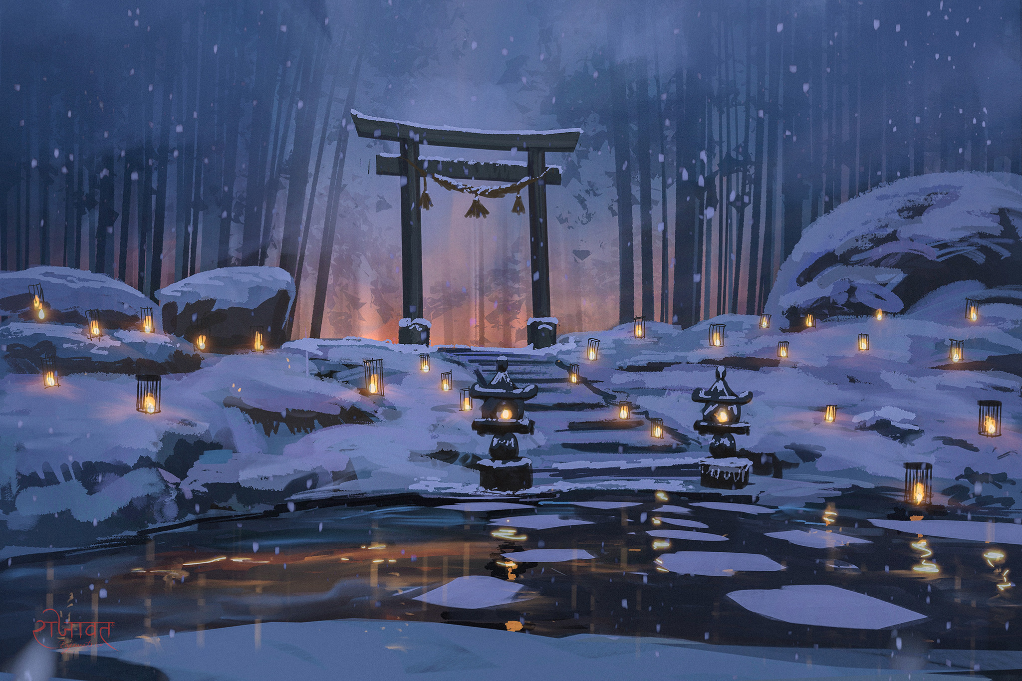 1008370 baixar papel de parede anime, santuário, bambu, lanterna, noite, neve, torii, inverno - protetores de tela e imagens gratuitamente