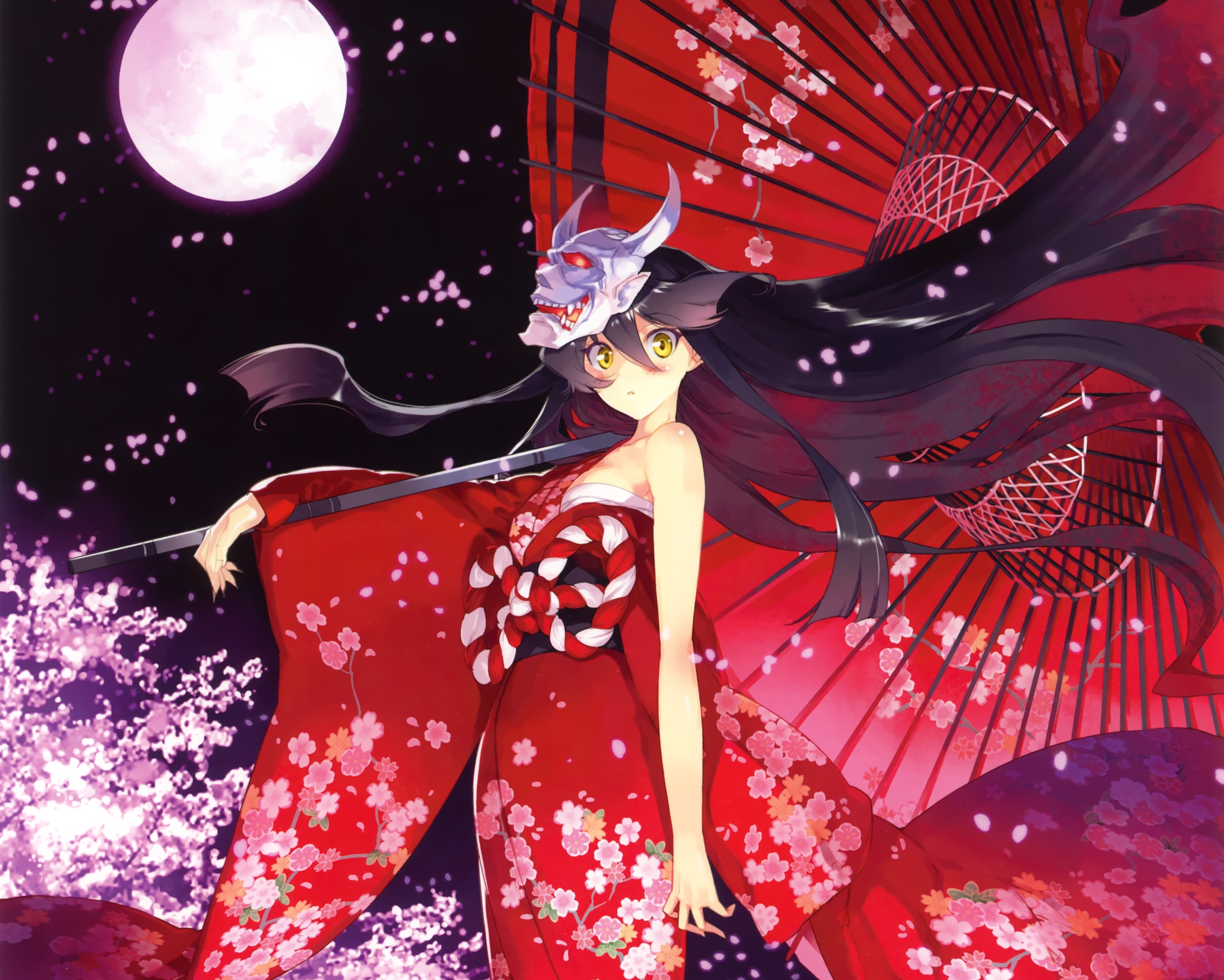 Download mobile wallpaper Anime, Moon, Flower, Mask, Kimono, Yellow Eyes, Cherry Blossom, Original, Blush, Long Hair, Parasol for free.