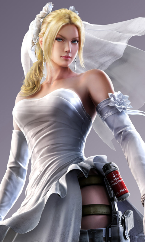 nina williams, video game, tekken 7, white dress, wedding dress, veil, dress, tekken, blue eyes, blonde