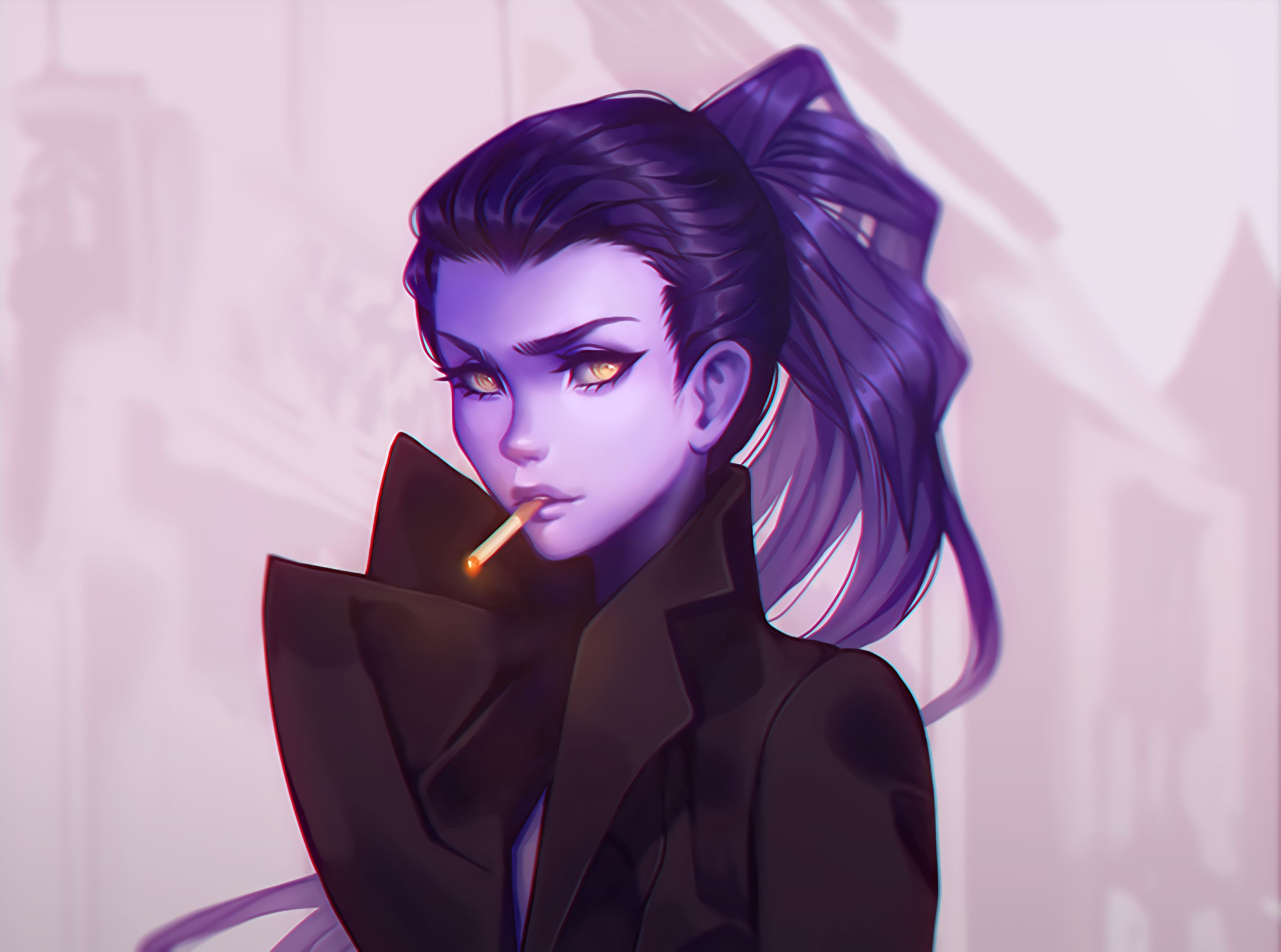 Free download wallpaper Smoke, Jacket, Yellow Eyes, Overwatch, Video Game, Long Hair, Purple Hair, Cigarette, Ponytail, Widowmaker (Overwatch), Amélie Lacroix on your PC desktop