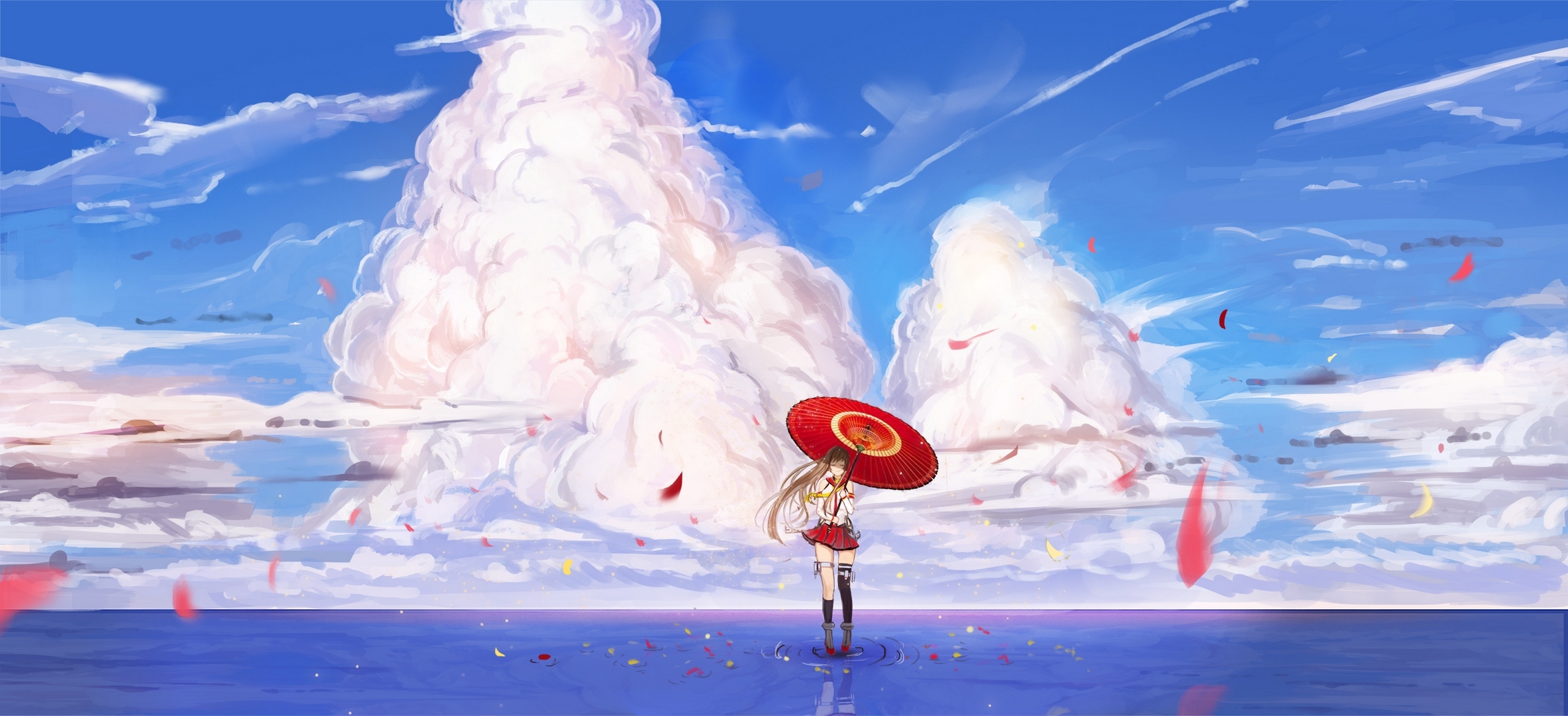 732944 скачать обои кантайская коллекция, аниме, облака, океан, небо, зонтики, ямато (канколле) - заставки и картинки бесплатно