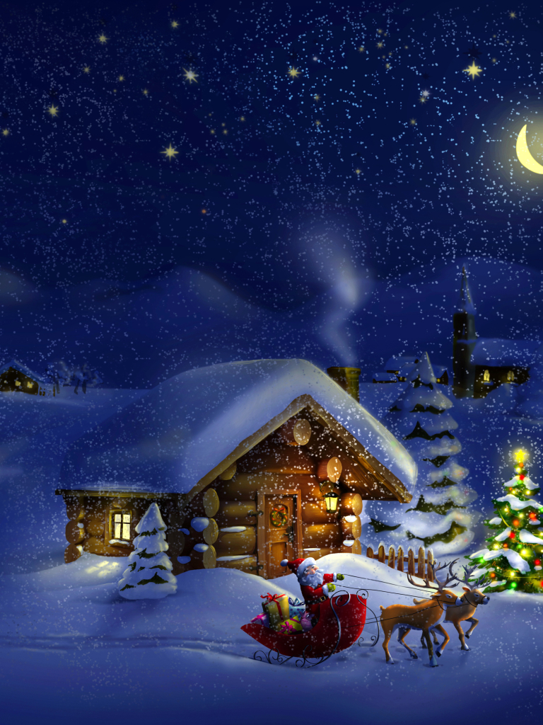 1263256 baixar papel de parede feriados, natal, cabana, cabine, árvore de natal, rena, neve, queda de neve, trenó, papai noel, noite - protetores de tela e imagens gratuitamente