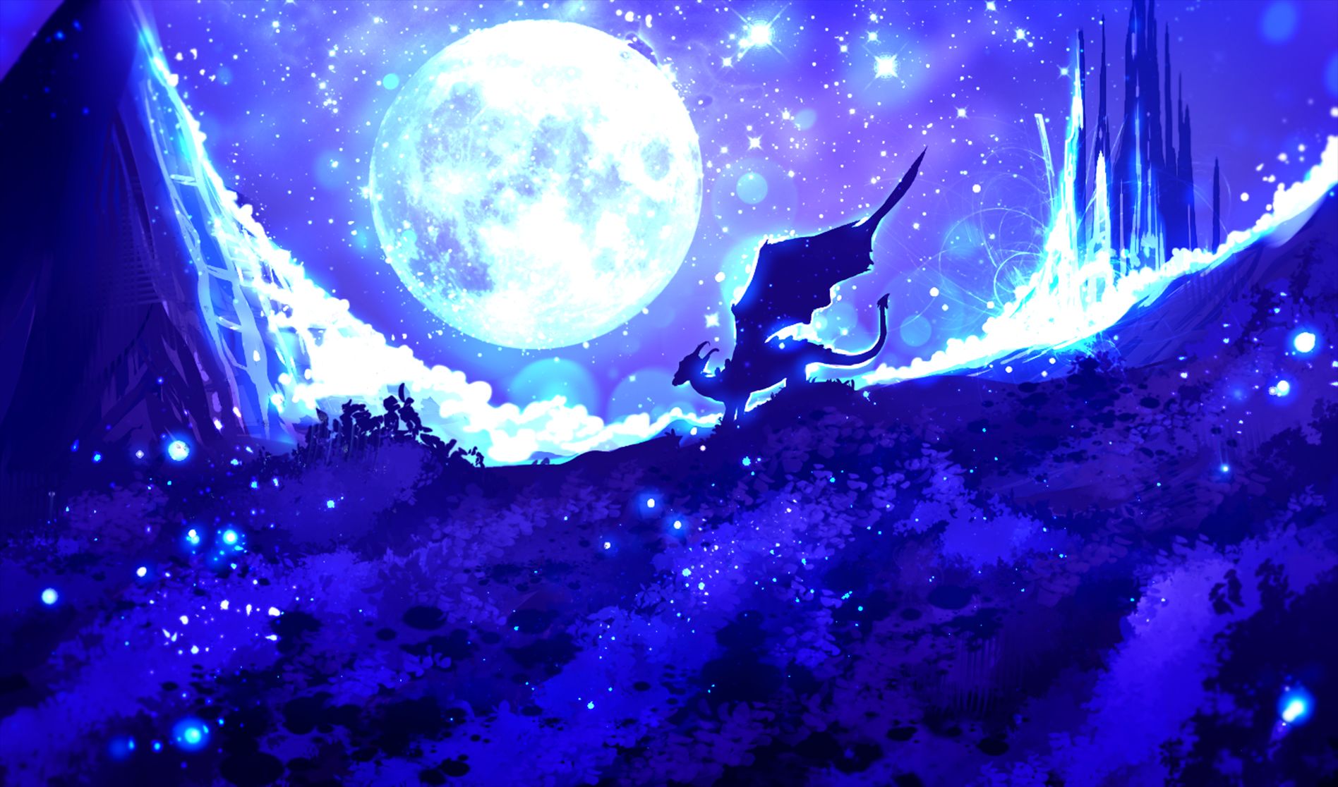 Download mobile wallpaper Fantasy, Sky, Night, Moon, Light, Wings, Dragon, Castle for free.