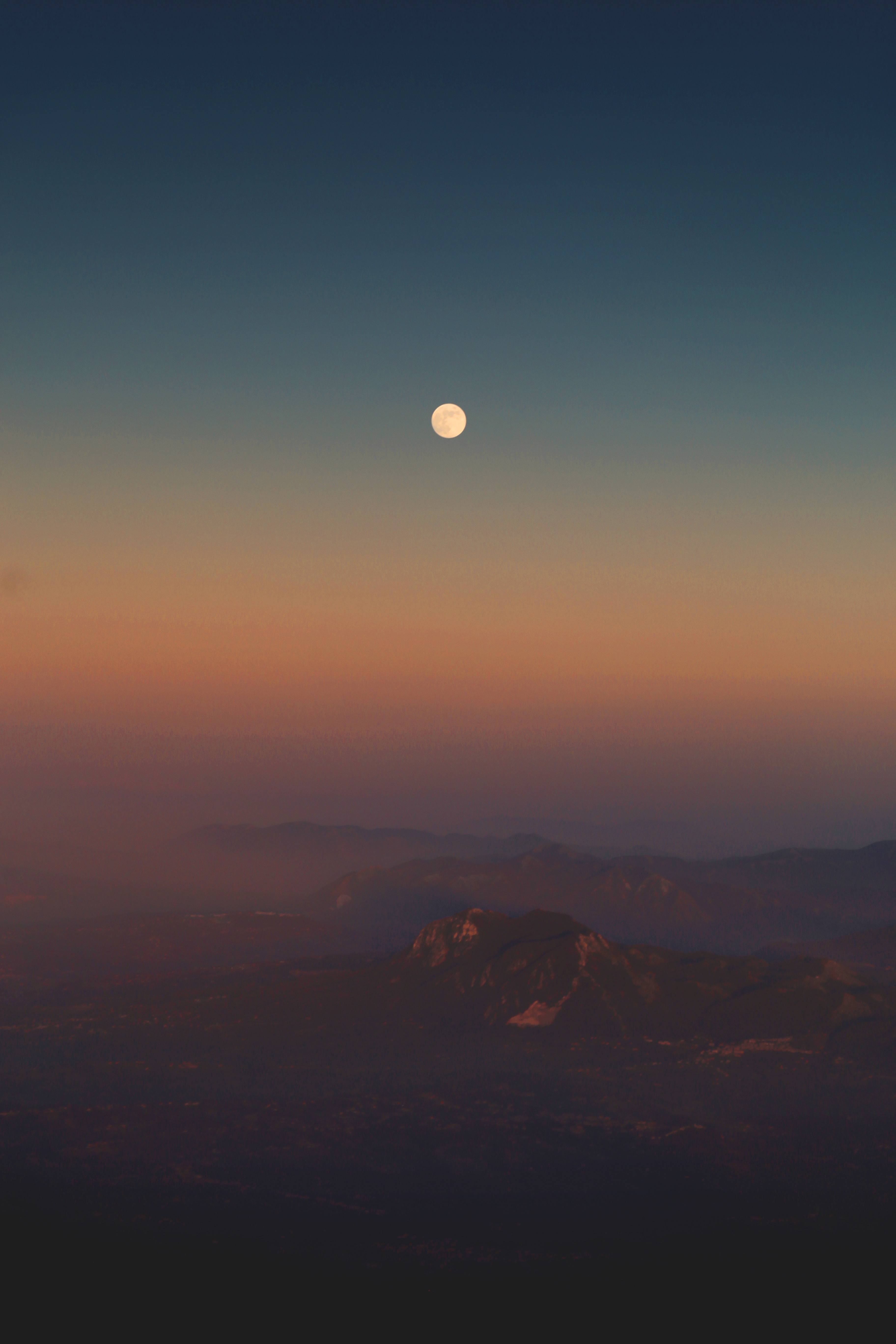 Download mobile wallpaper Height, Twilight, Fog, Dusk, Mountains, Nature, Moon for free.