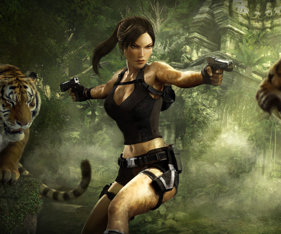 Handy-Wallpaper Tomb Raider, Tiger, Computerspiele, Pistole, Lara Croft kostenlos herunterladen.