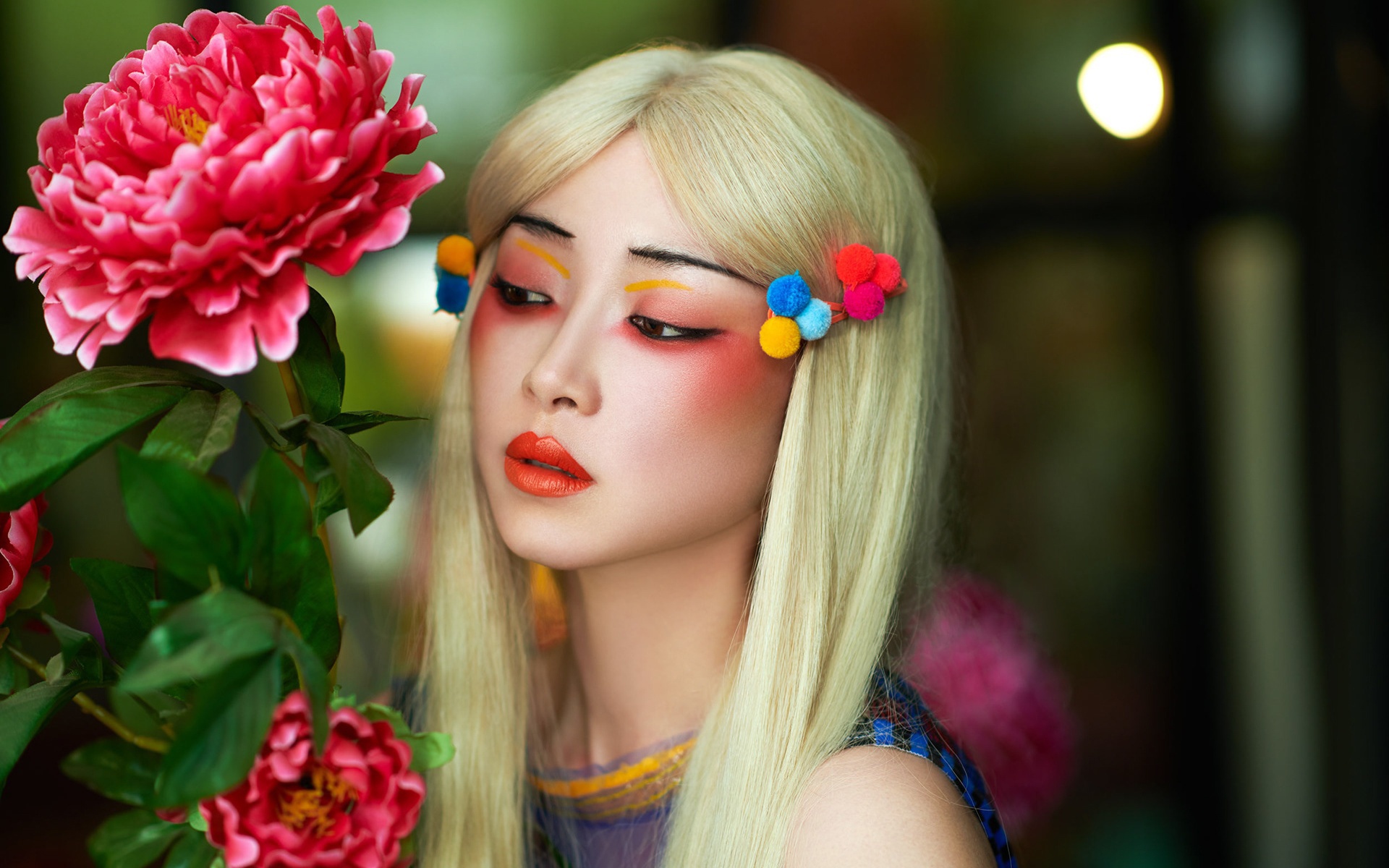 Download mobile wallpaper Flower, Blonde, Face, Model, Women, Makeup, Asian, Lipstick for free.