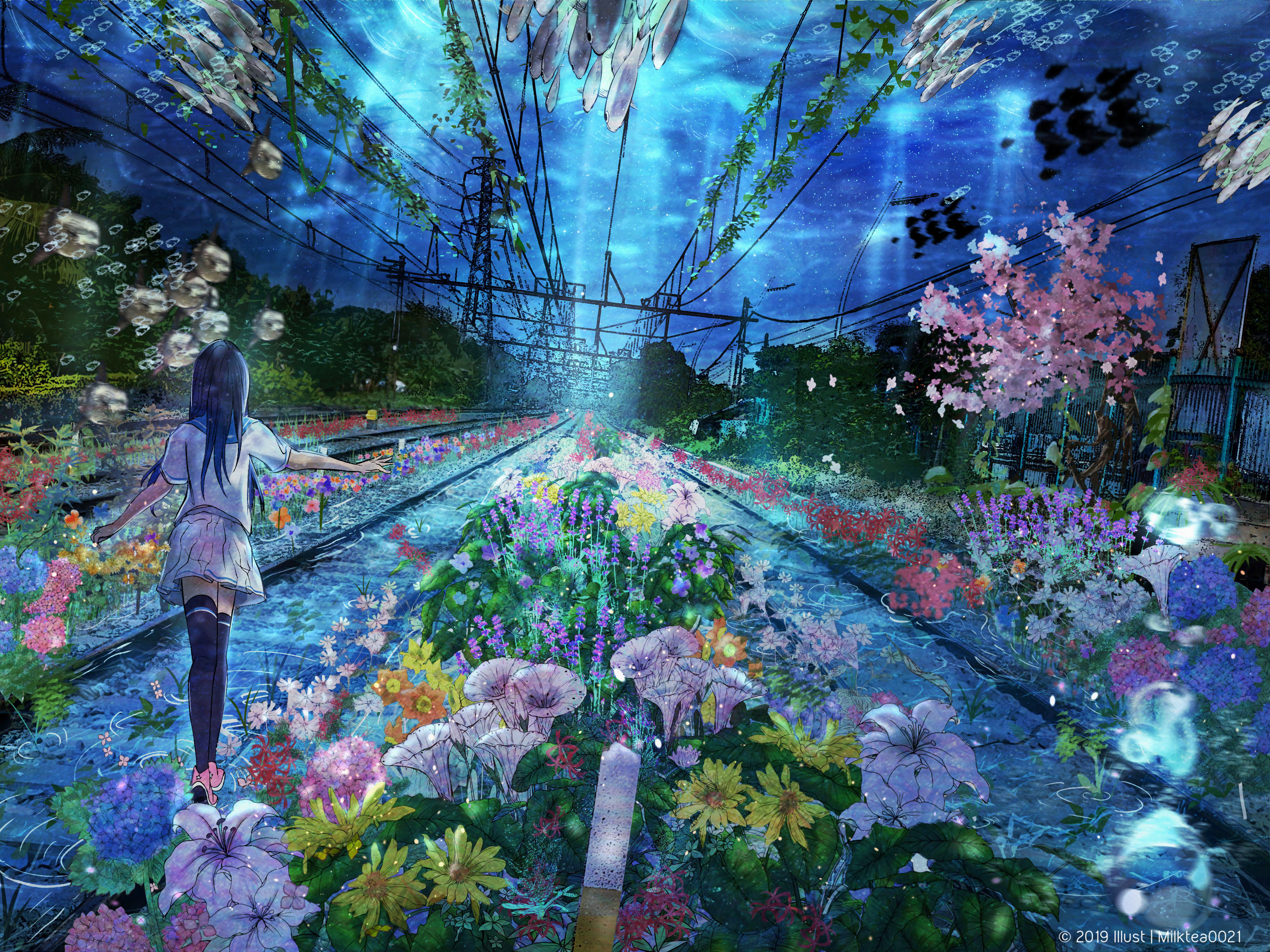 Laden Sie das Fantasie, Blume, Unterwasser, Original, Meer, Animes-Bild kostenlos auf Ihren PC-Desktop herunter