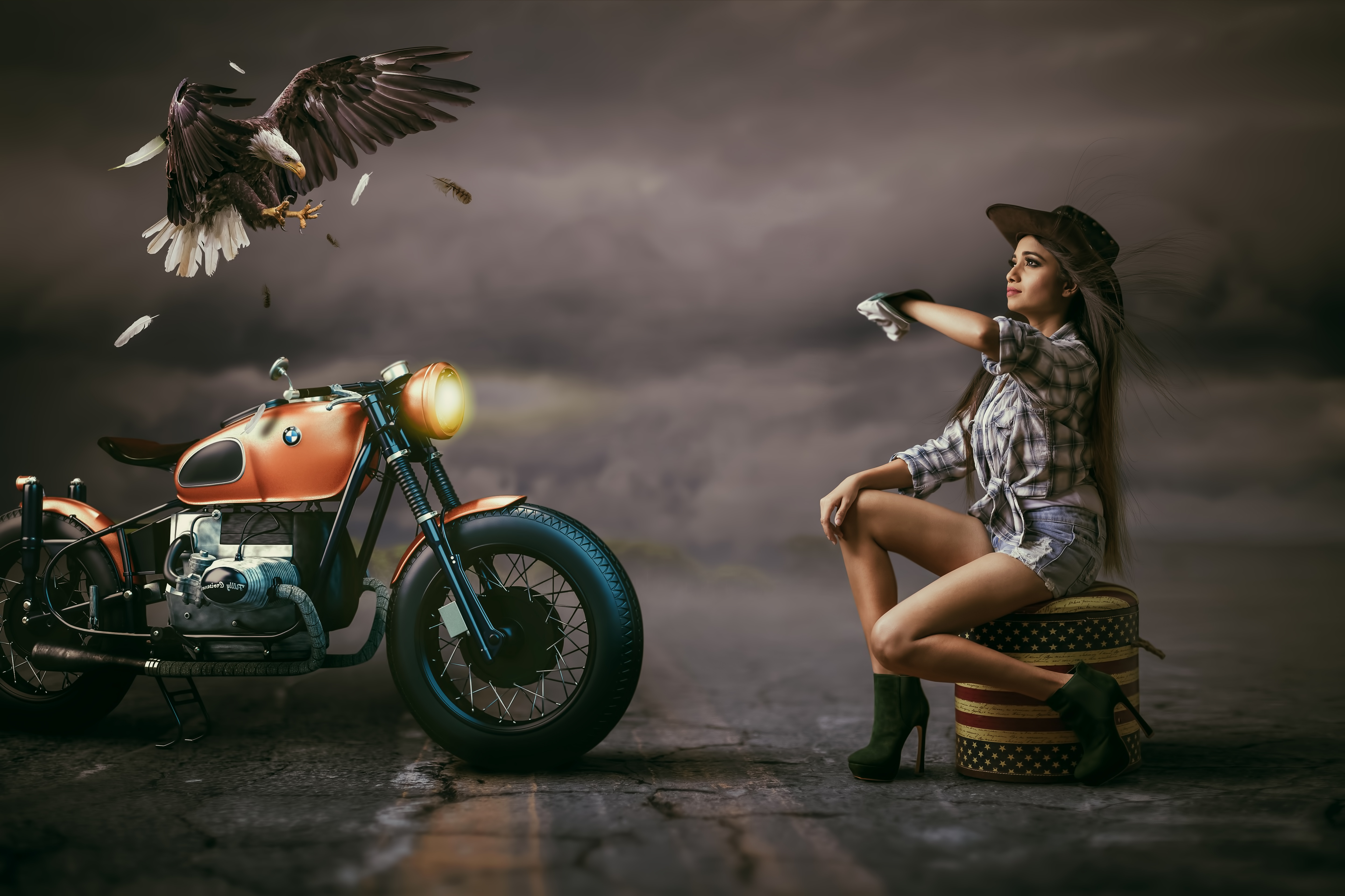 Download mobile wallpaper Bmw, Bird, Motorcycle, Eagle, Mood, Hat, Photography, Model, Bald Eagle, Shorts, Manipulation, Long Hair for free.