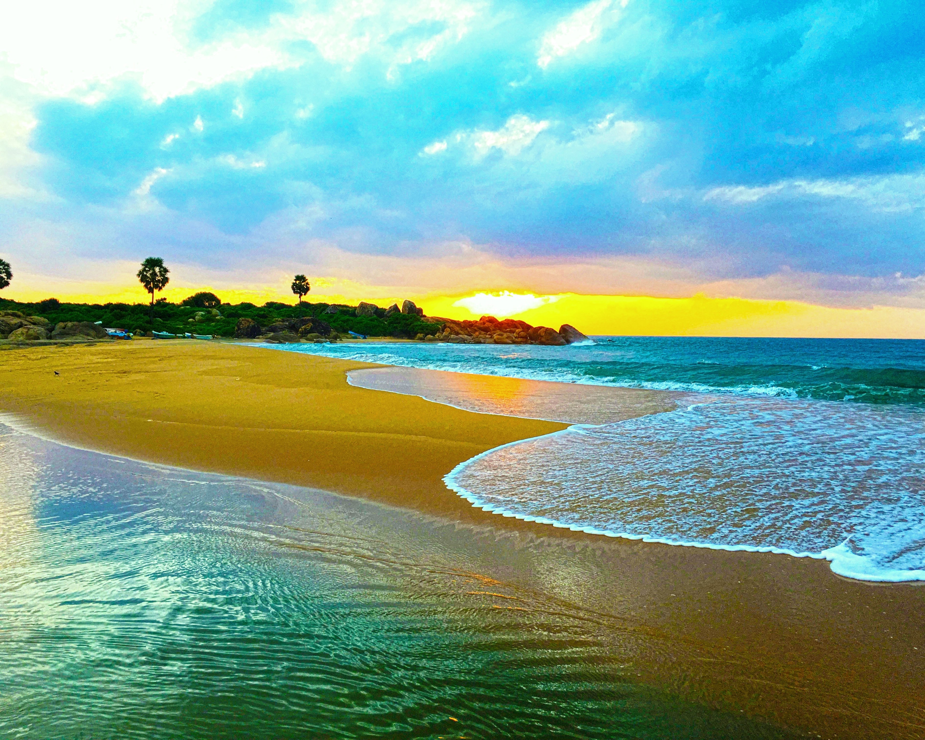 Laden Sie das Strand, Sand, Horizont, Ozean, Palme, Tropisch, Himmel, Sonnenuntergang, Erde/natur-Bild kostenlos auf Ihren PC-Desktop herunter