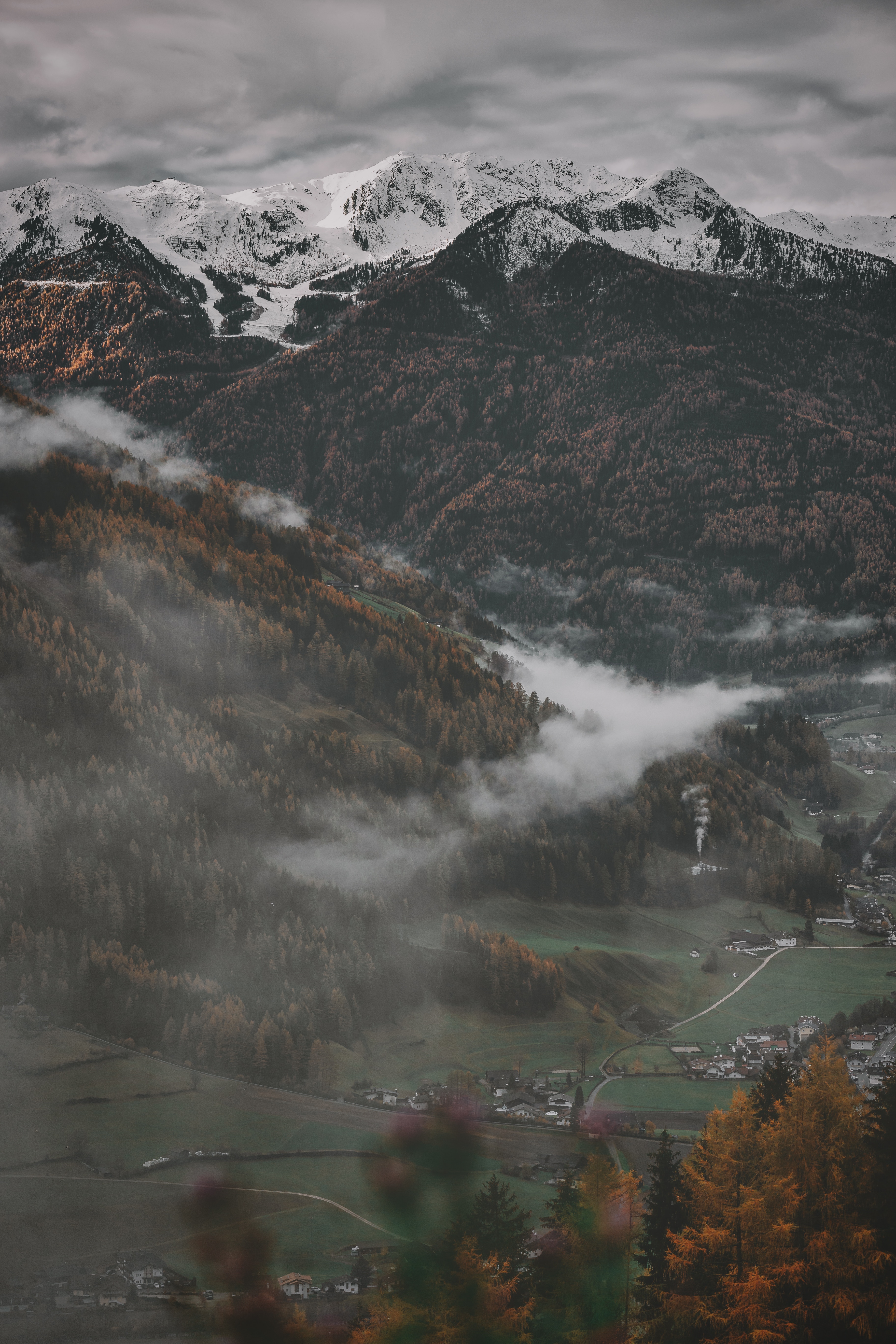 Download mobile wallpaper Vertex, Fog, View From Above, Tops, Trees, Sky, Mountains, Nature for free.