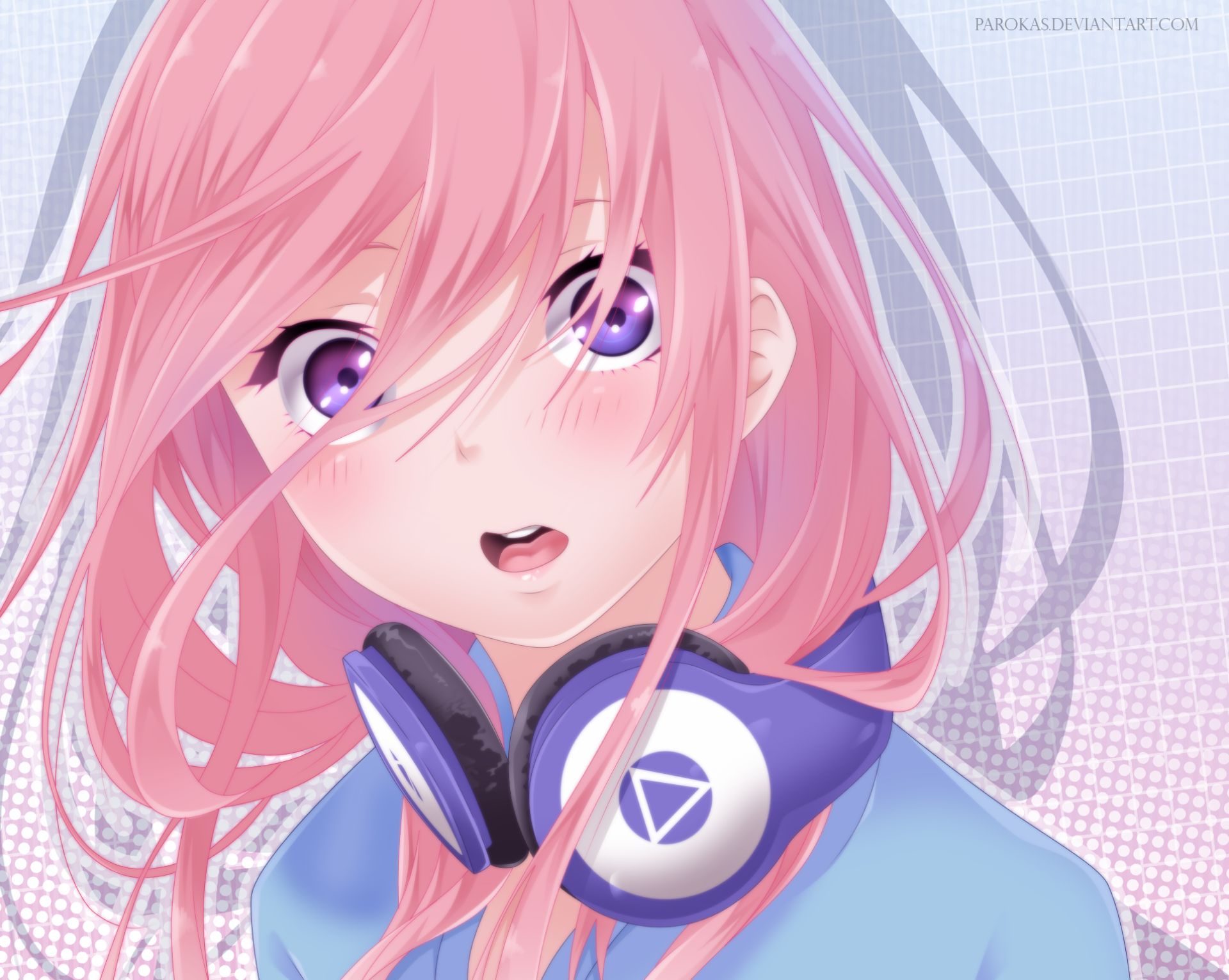 headphones, miku nakano, anime, the quintessential quintuplets, blush, face, purple eyes