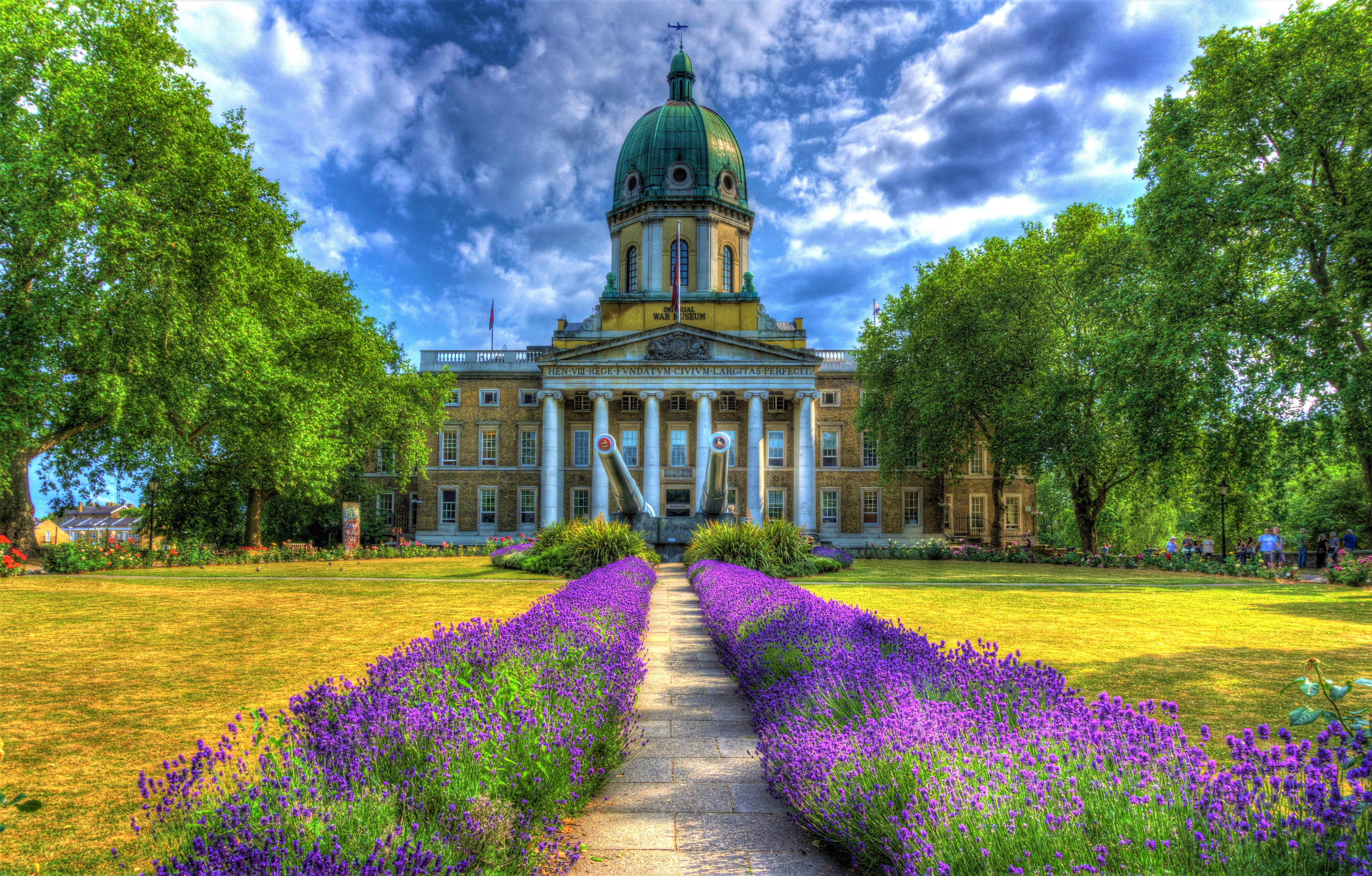man made, museum, building, garden, hdr, impegrial war museum, purple flower, spring