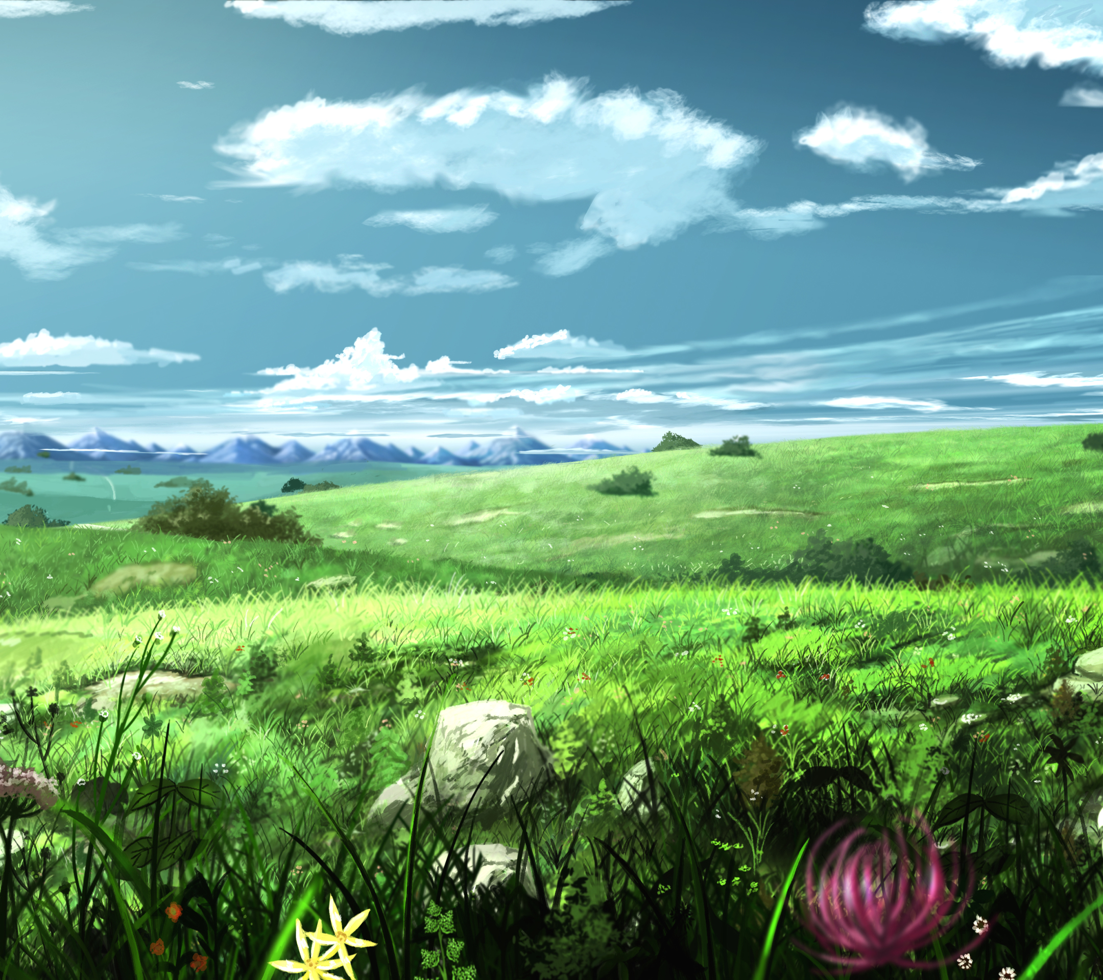 Download mobile wallpaper Anime, Landscape, Mountain, Flower, Scenery for free.