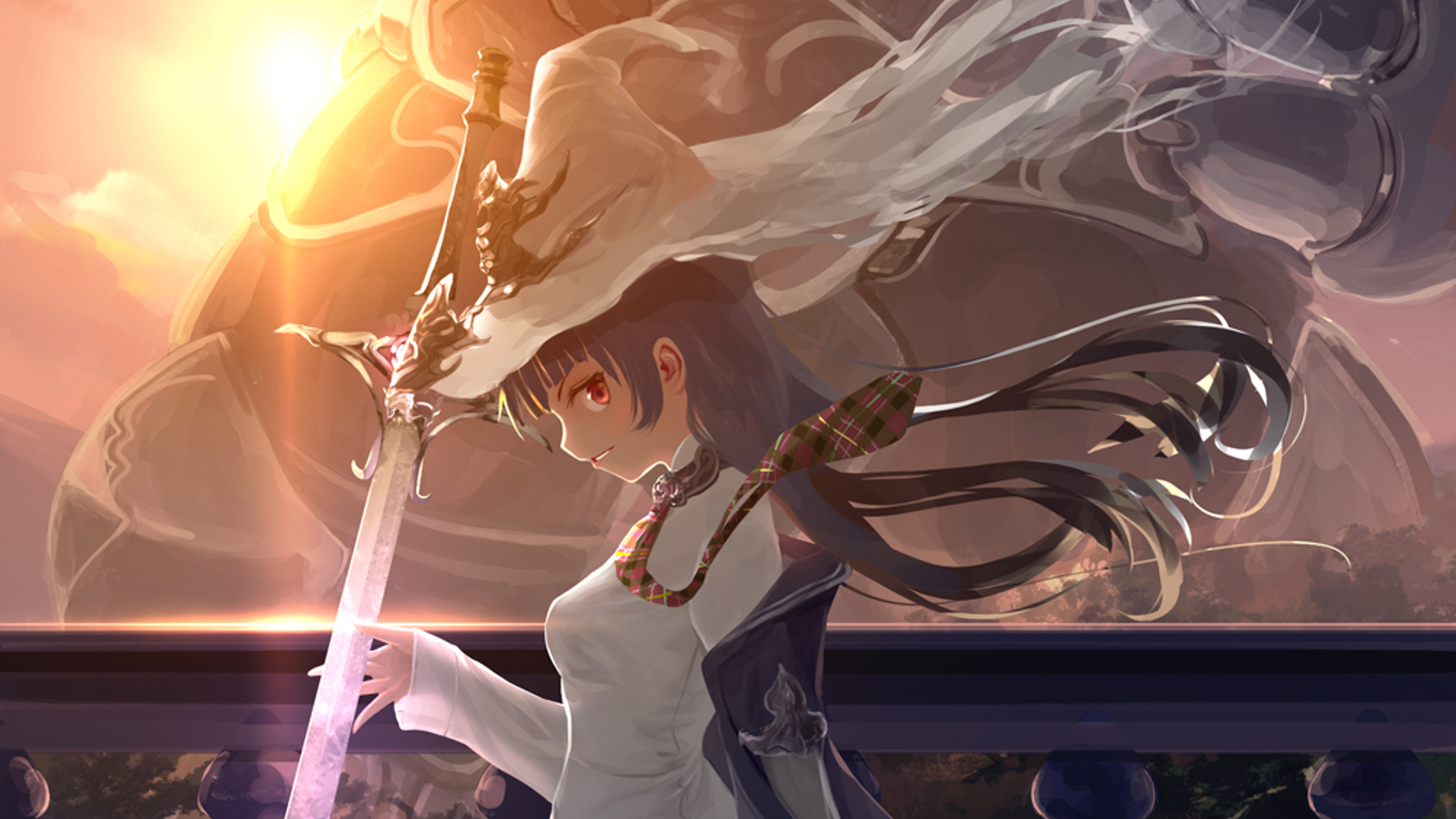 Download mobile wallpaper Anime, Sun, Hat, Sword, Original for free.