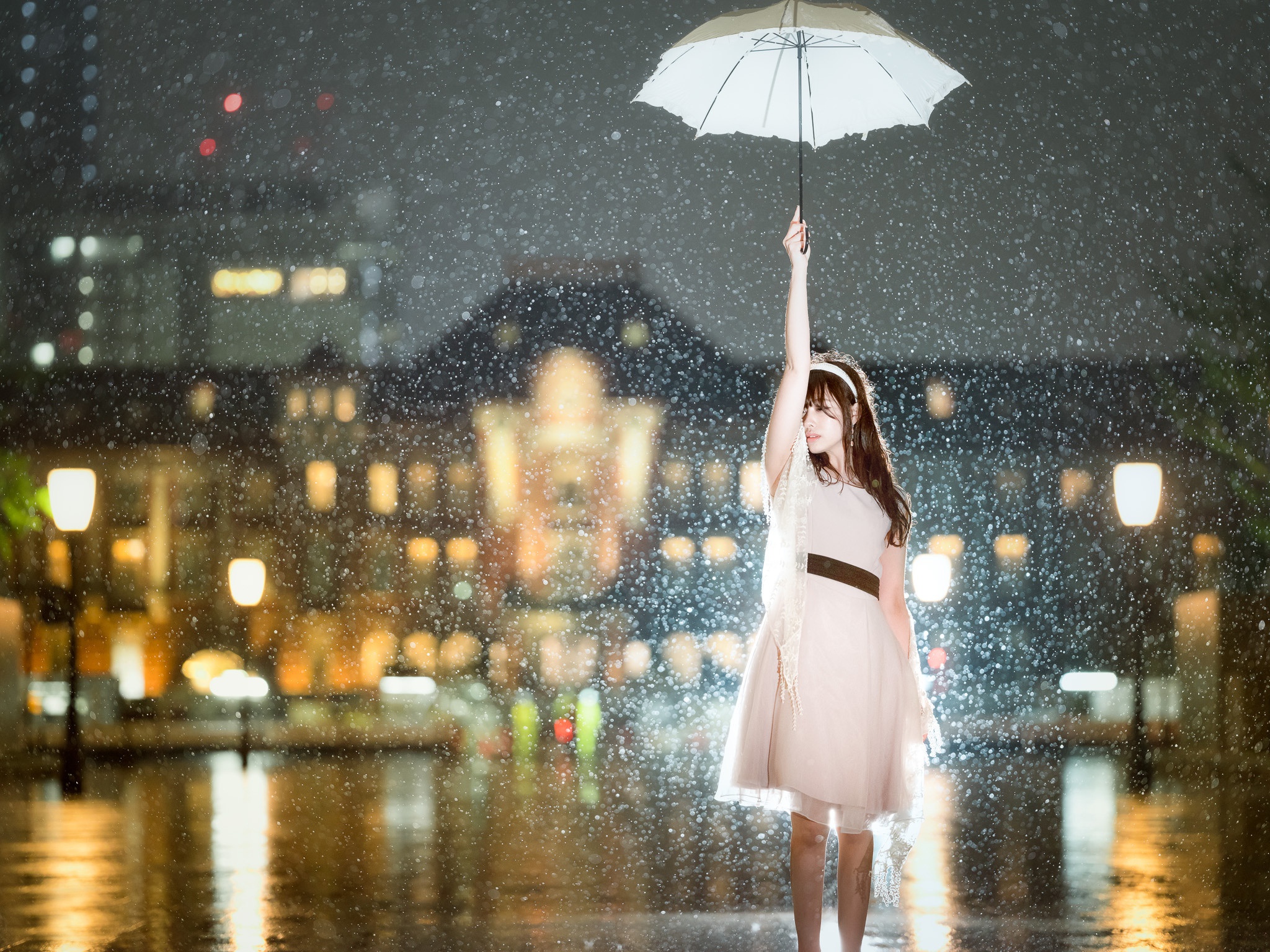 Download mobile wallpaper Rain, Night, Umbrella, Brunette, Model, Women, Asian, Depth Of Field, White Dress for free.
