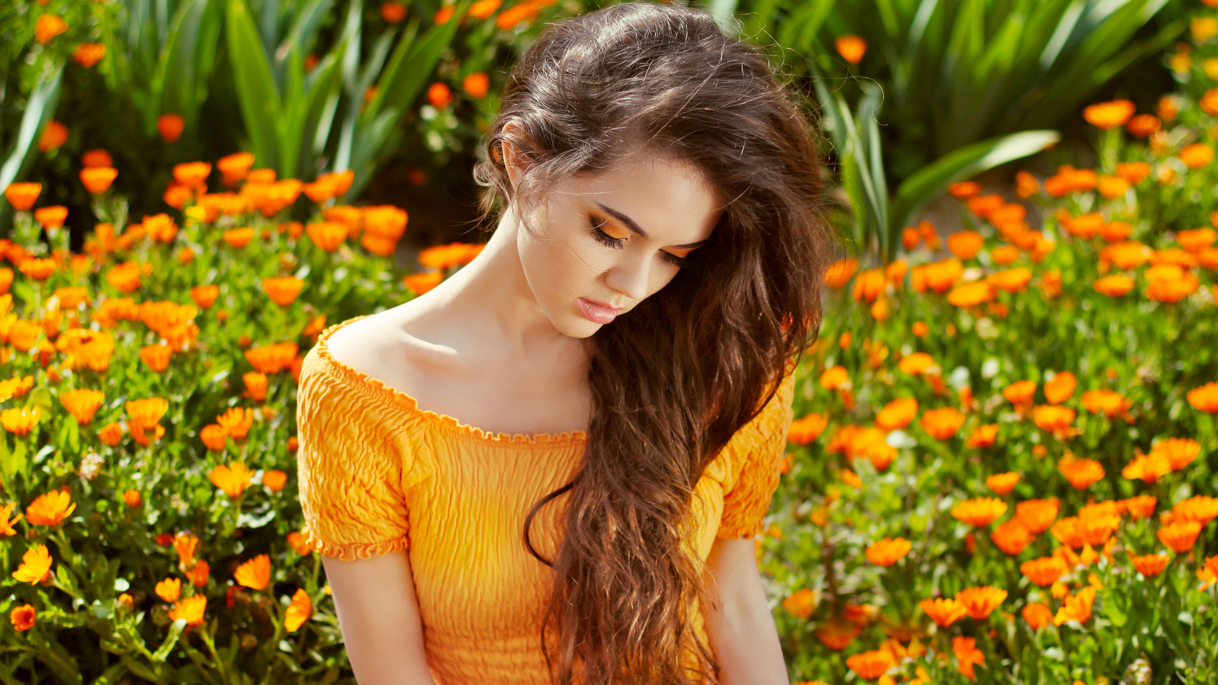 Download mobile wallpaper Mood, Brunette, Model, Women, Long Hair, Orange Flower for free.