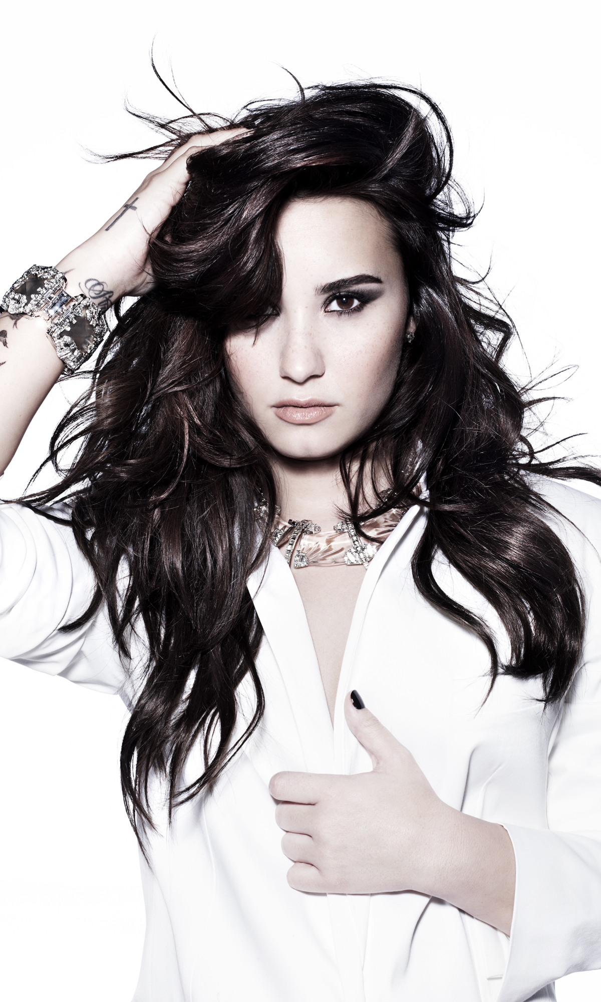 Download mobile wallpaper Music, Singer, Brunette, White Dress, Demi Lovato for free.