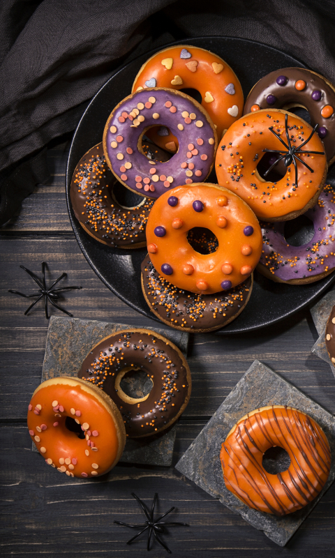 Download mobile wallpaper Food, Halloween, Still Life, Spider, Sweets, Doughnut, Milk, Candy for free.