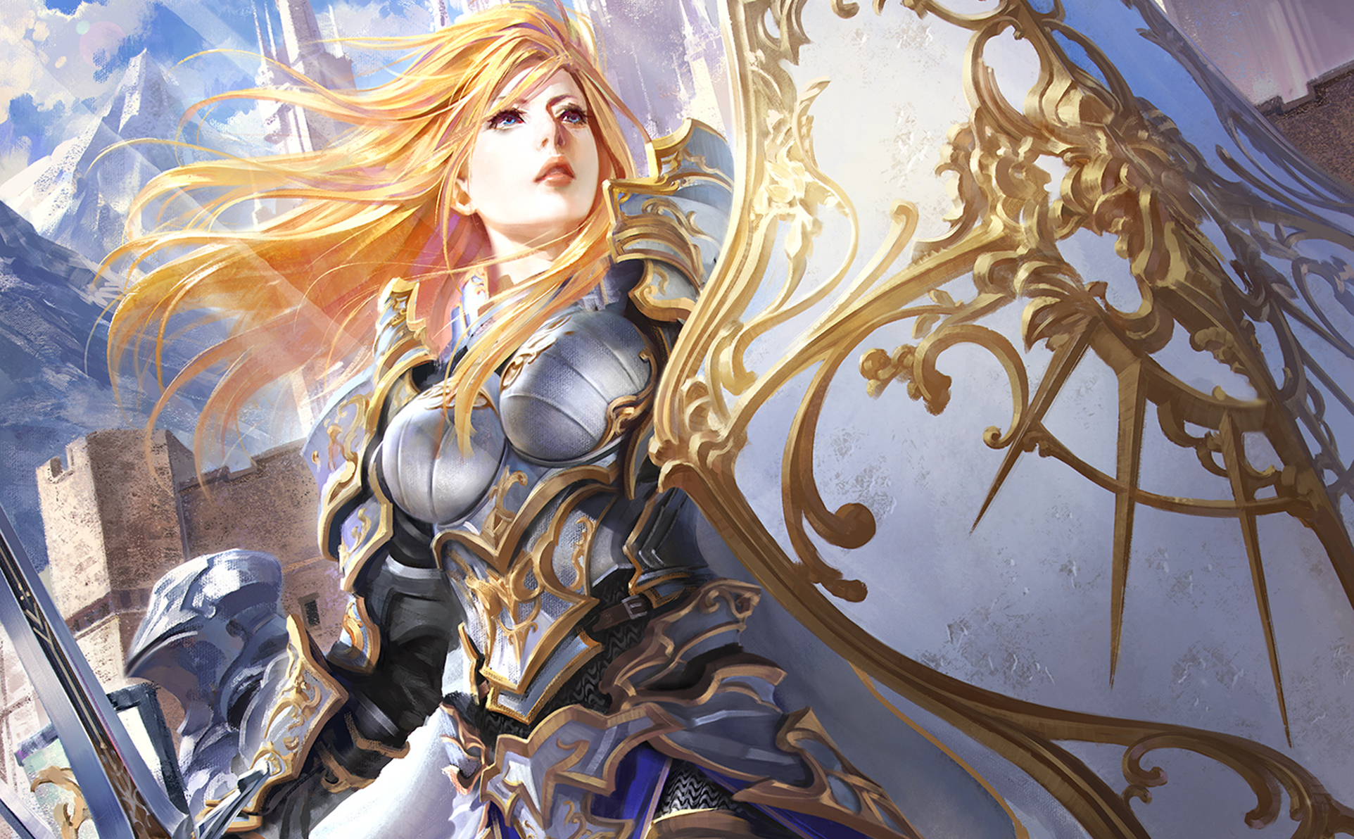 Free download wallpaper Shield, Blonde, Armor, Blue Eyes, Video Game, Long Hair, Woman Warrior, Legend Of The Cryptids on your PC desktop