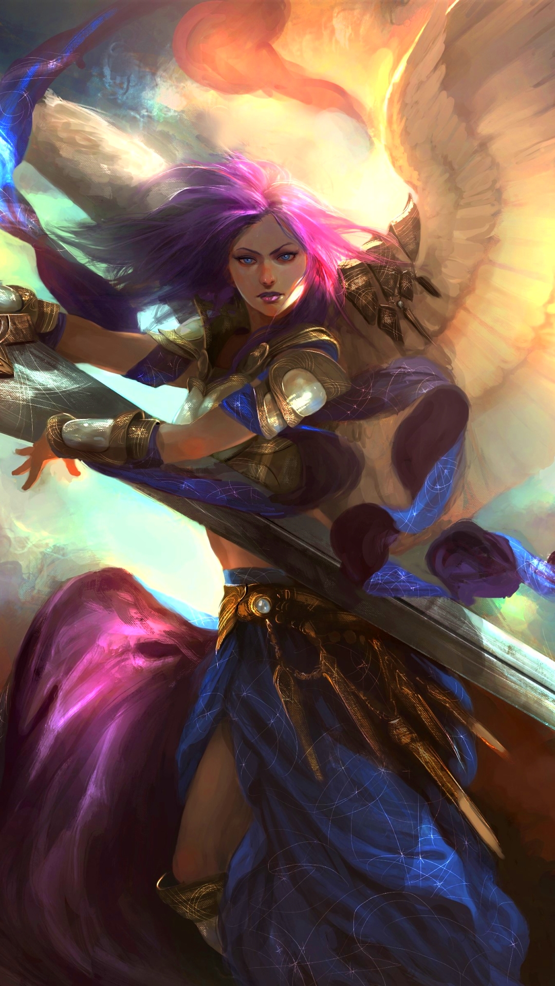 Download mobile wallpaper Fantasy, Wings, Angel, Blue Eyes, Pink Hair, Angel Warrior for free.