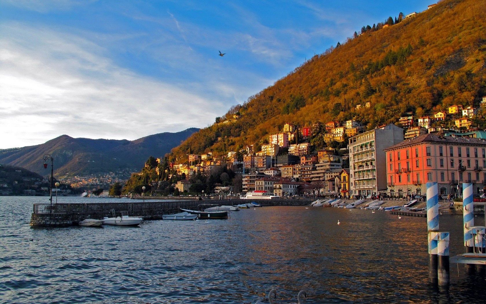 Download PC Wallpaper cities, water, houses, sky, mountains, sea, italy, wharf, berth, embankment, quay, lombardy, como