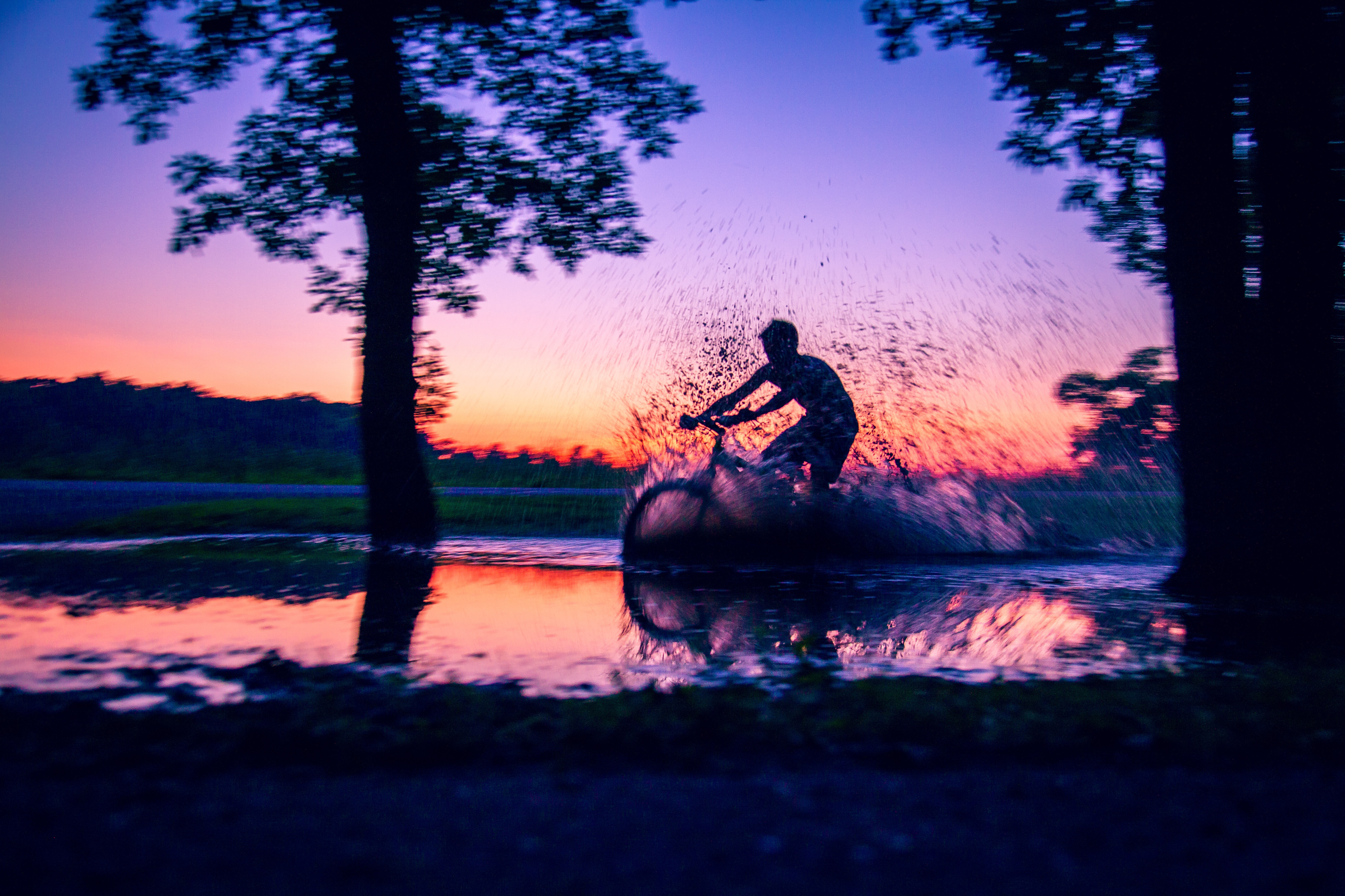 cyclist, twilight, dark, spray, dusk, puddle, bicycle