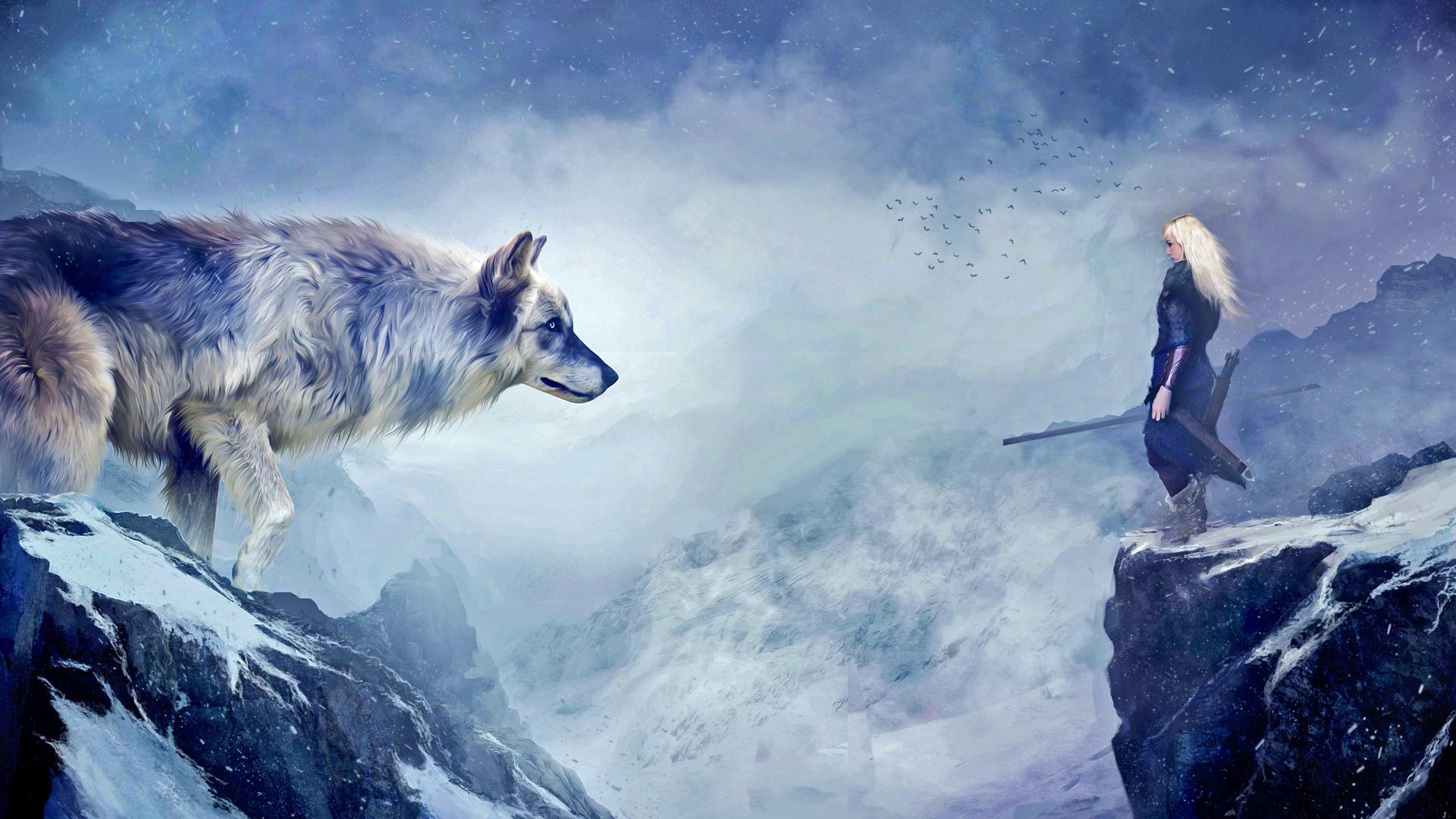 Laden Sie das Fantasie, Wolf, Gebirge, Weißes Haar, Frau Krieger, Fantasietiere-Bild kostenlos auf Ihren PC-Desktop herunter