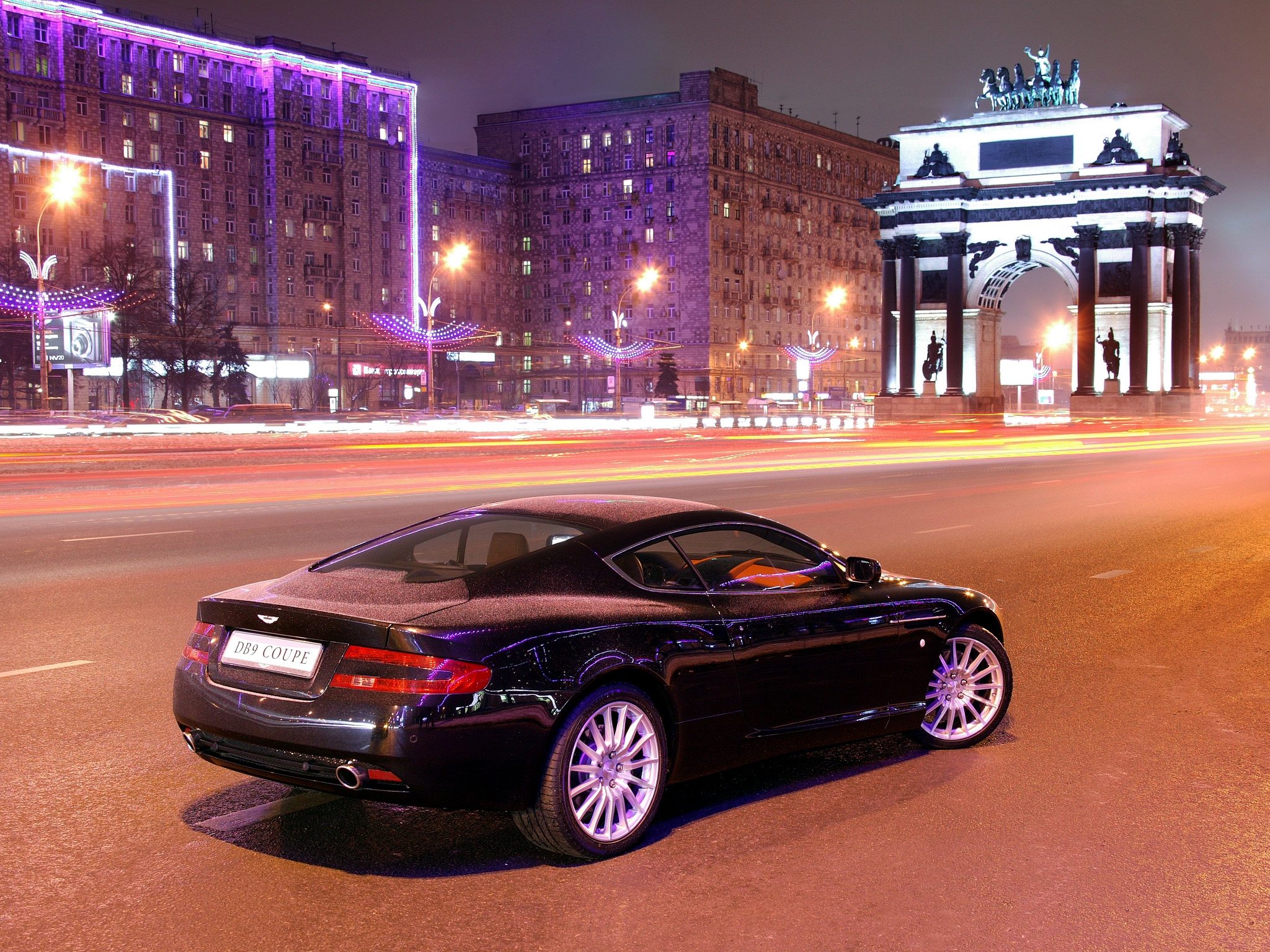 auto, aston martin, cars, black, city, building, lights, asphalt, side view, style, db9 1080p