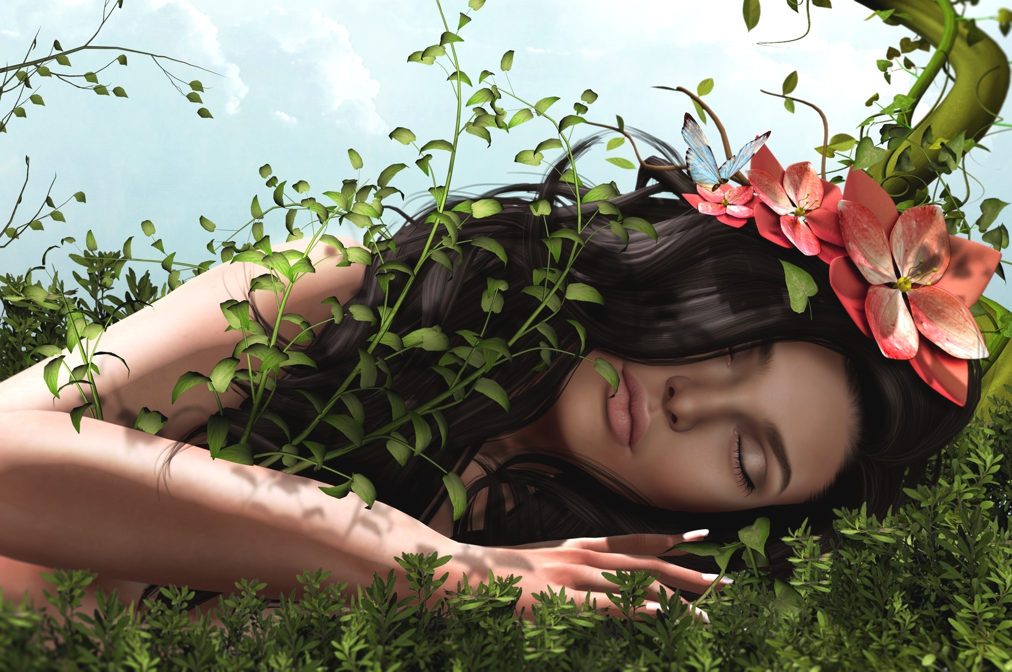 Download mobile wallpaper Fantasy, Flower, Plant, Leaf, Butterfly, Sleeping, Women for free.