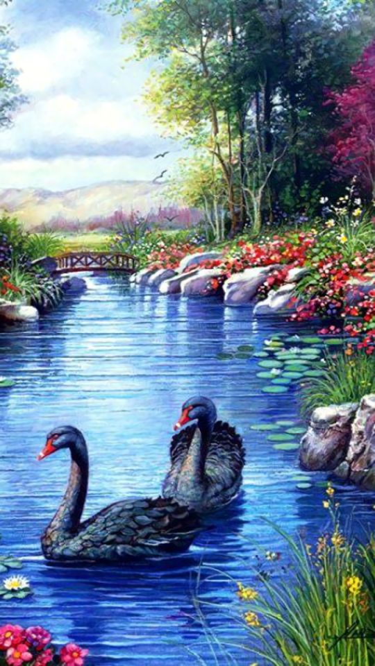 1255295 скачать обои весна, цветок, художественные, лебедь, пруд, черный лебедь, чёрный лебедь, озеро - заставки и картинки бесплатно