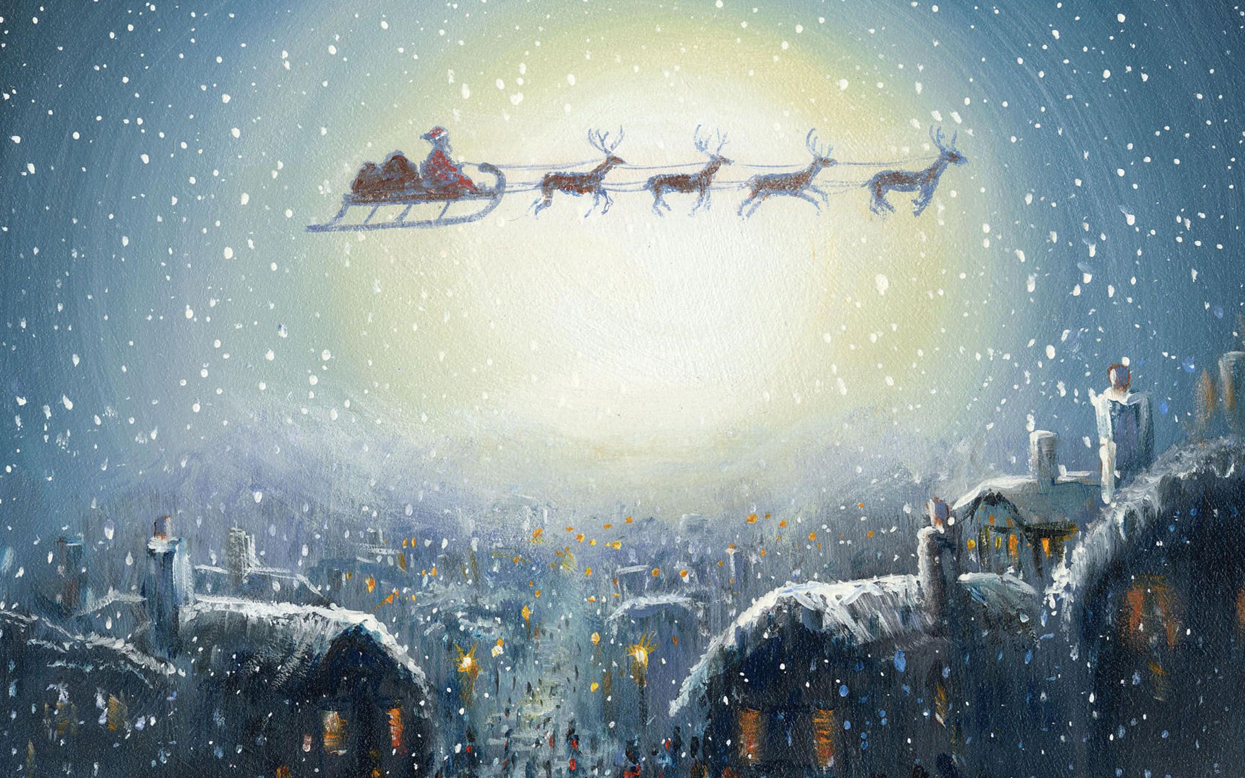christmas, santa, holiday, painting, reindeer, sleigh