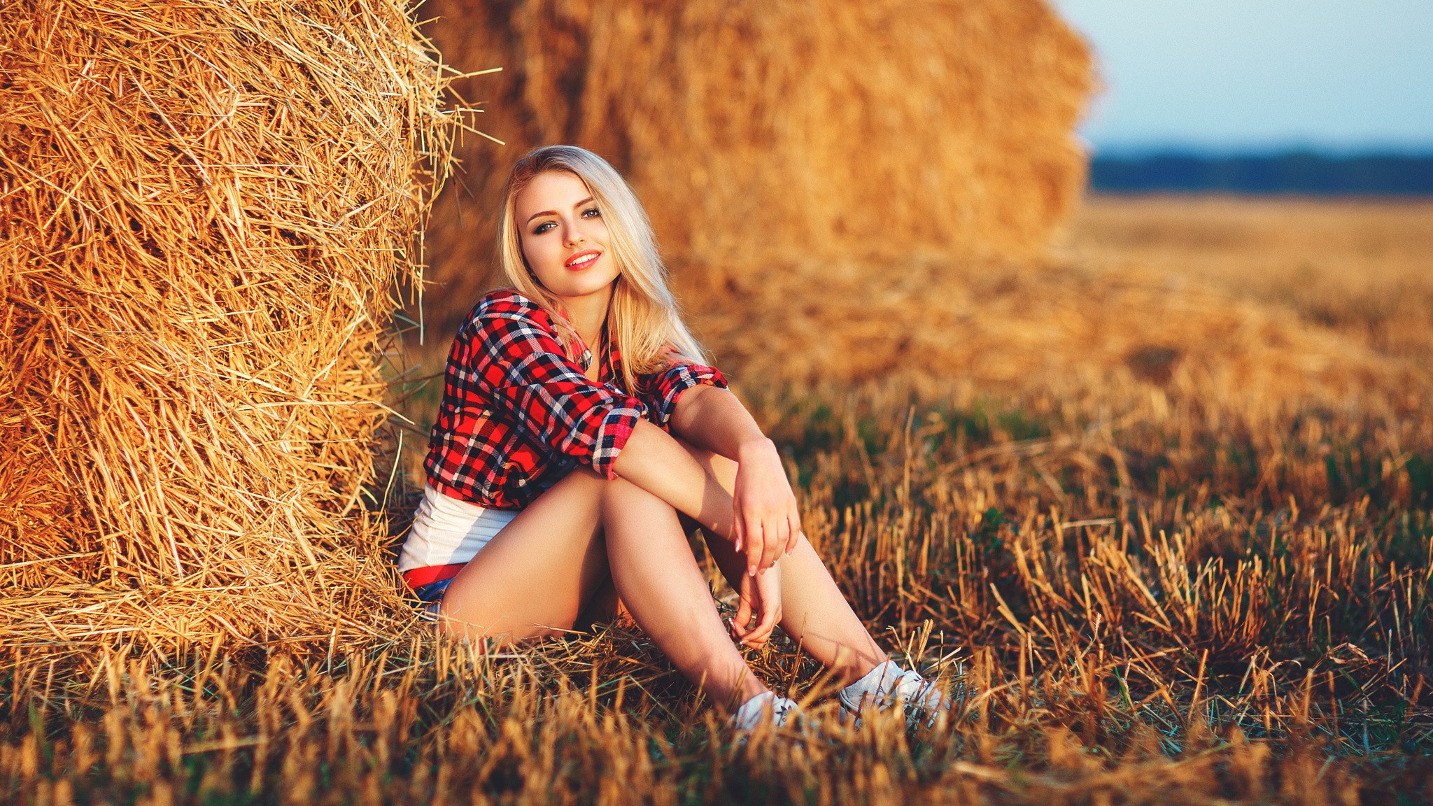 model, women, blonde, haystack