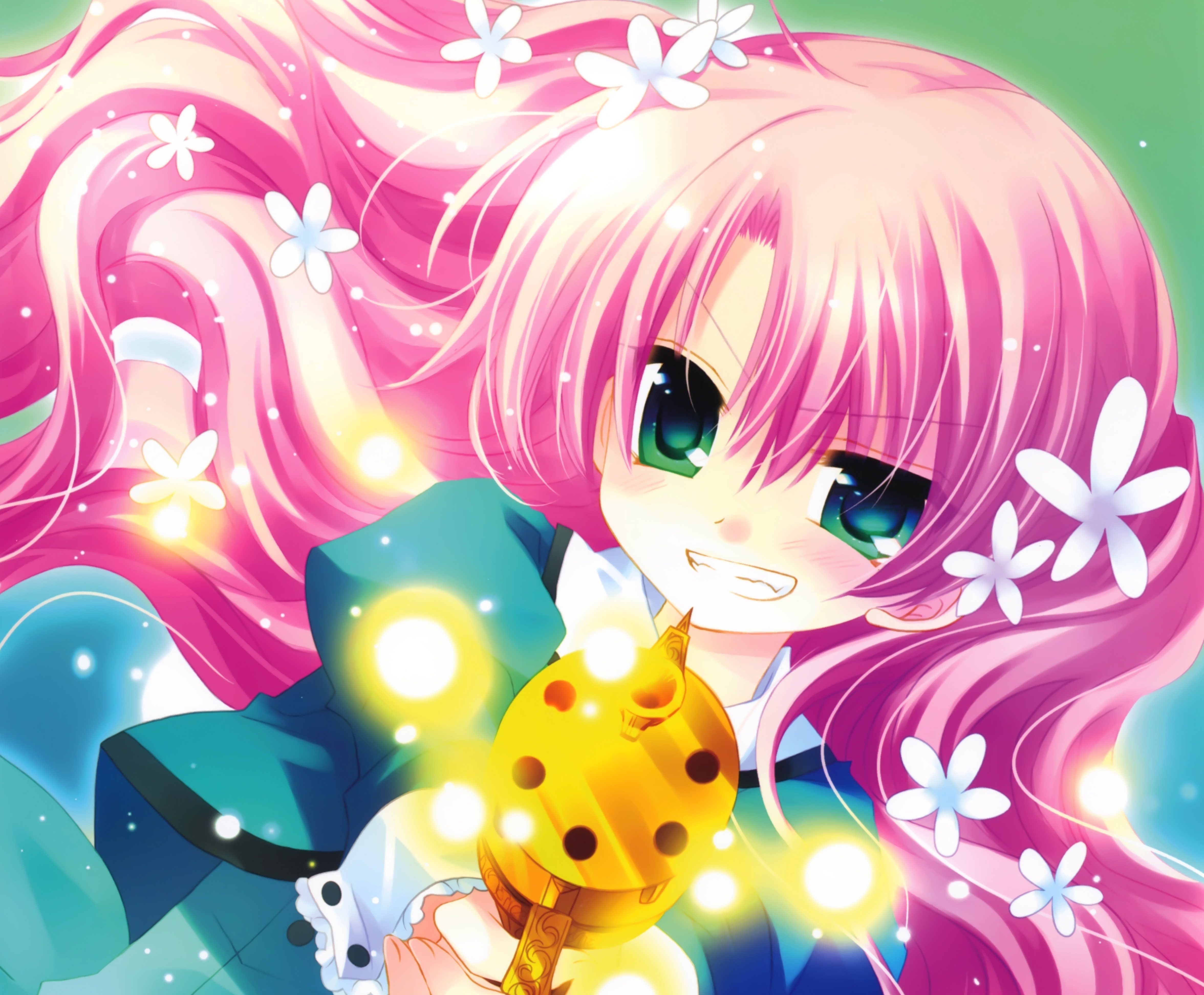 Download mobile wallpaper Anime, Flower, Smile, Green Eyes, Original, Pink Hair, Gun, Bullet, Long Hair for free.