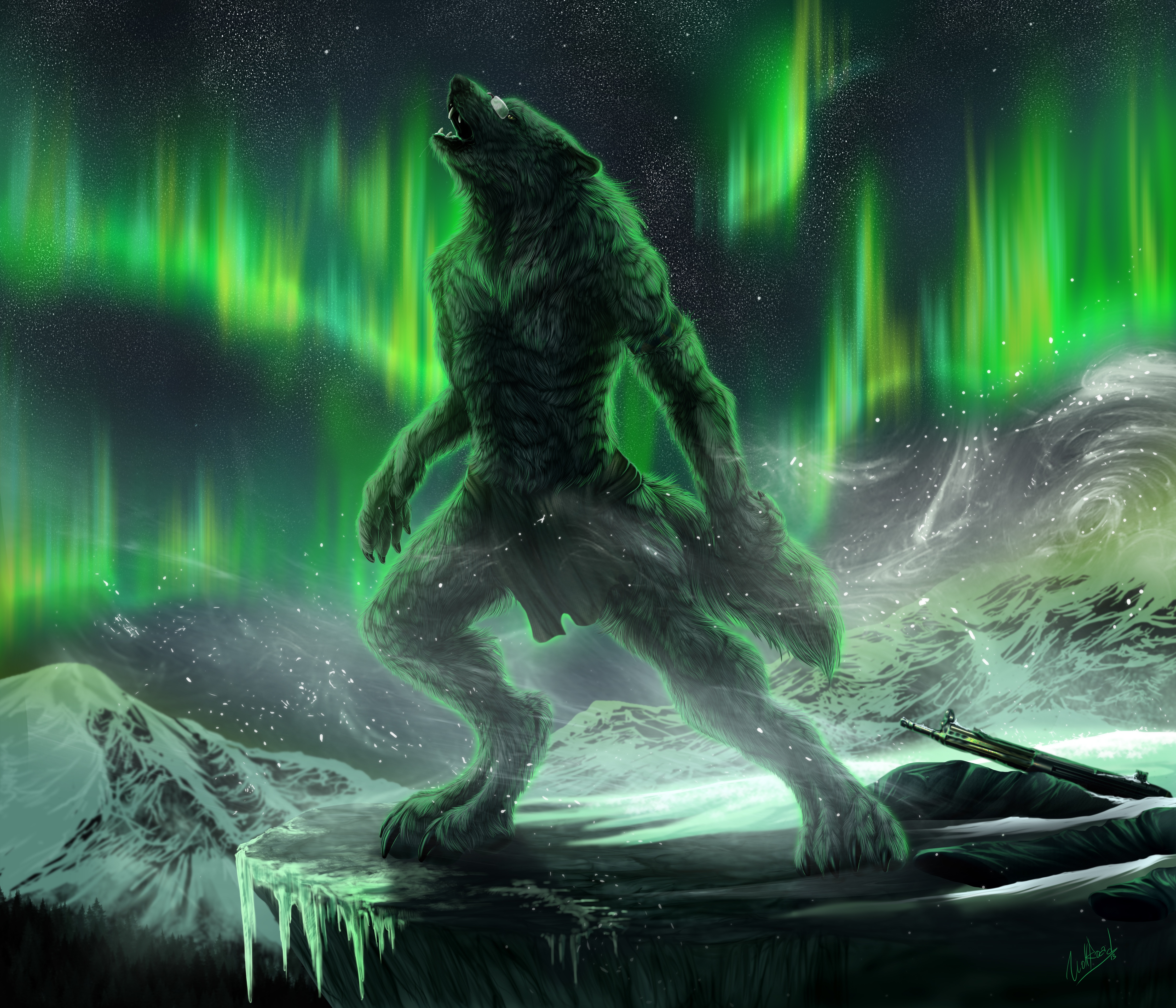 Download mobile wallpaper Night, Mountain, Dark, Aurora Borealis, Creature, Werewolf for free.