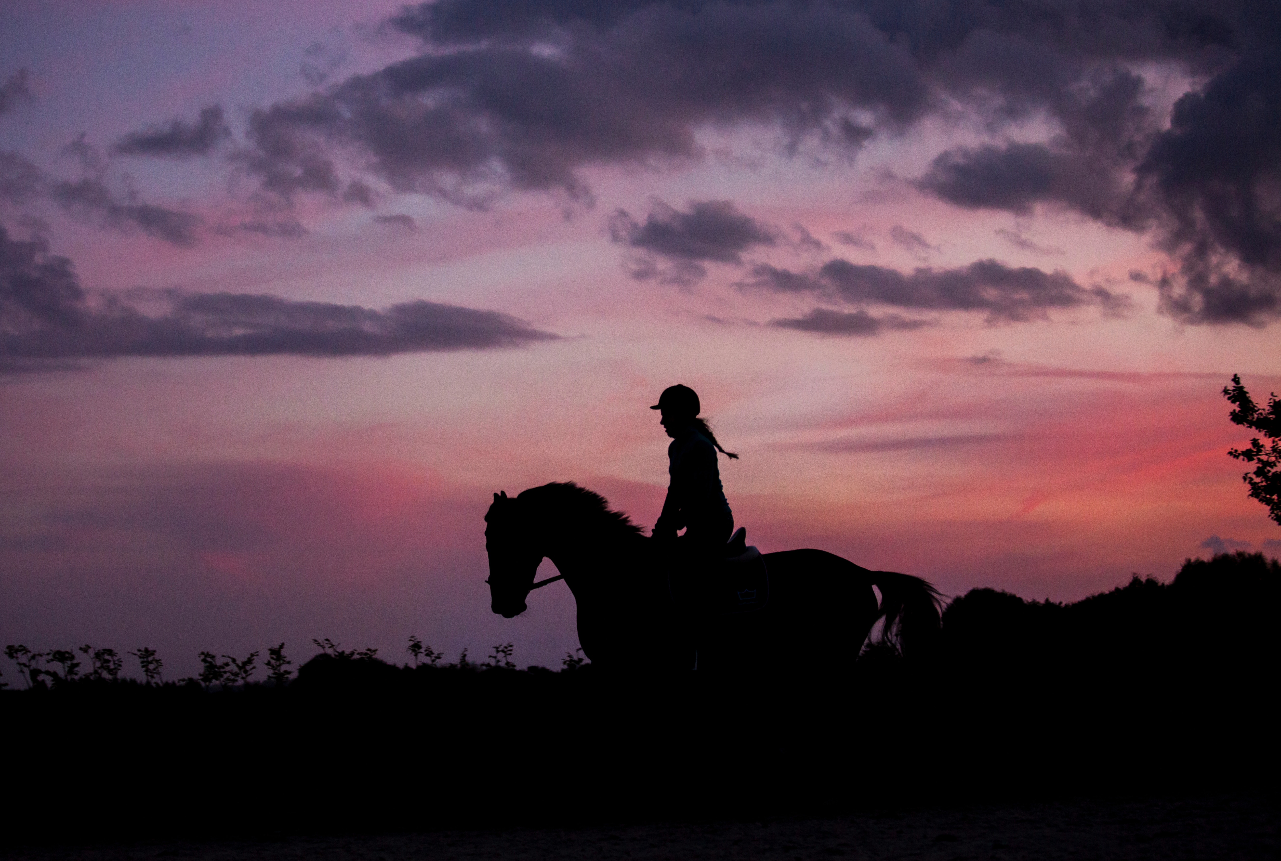 128782 Hintergrundbild herunterladen dunkel, silhouette, dämmerung, twilight, pferd, reiten, reitsport, jockey, equestrian - Bildschirmschoner und Bilder kostenlos